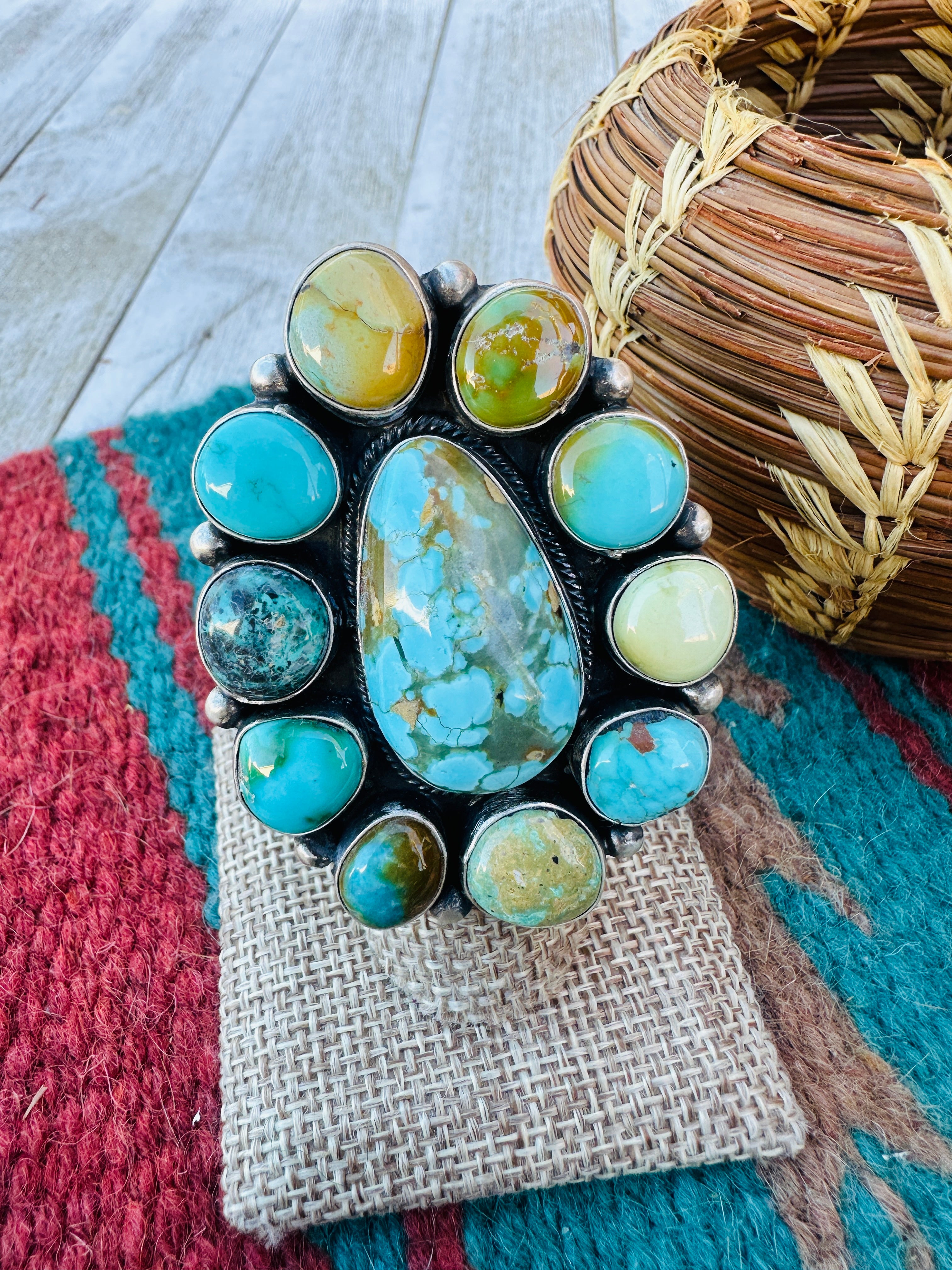 Hand Crafted Turquoise & Sterling Silver Cluster Ring Size 6.5 by Ella Peter