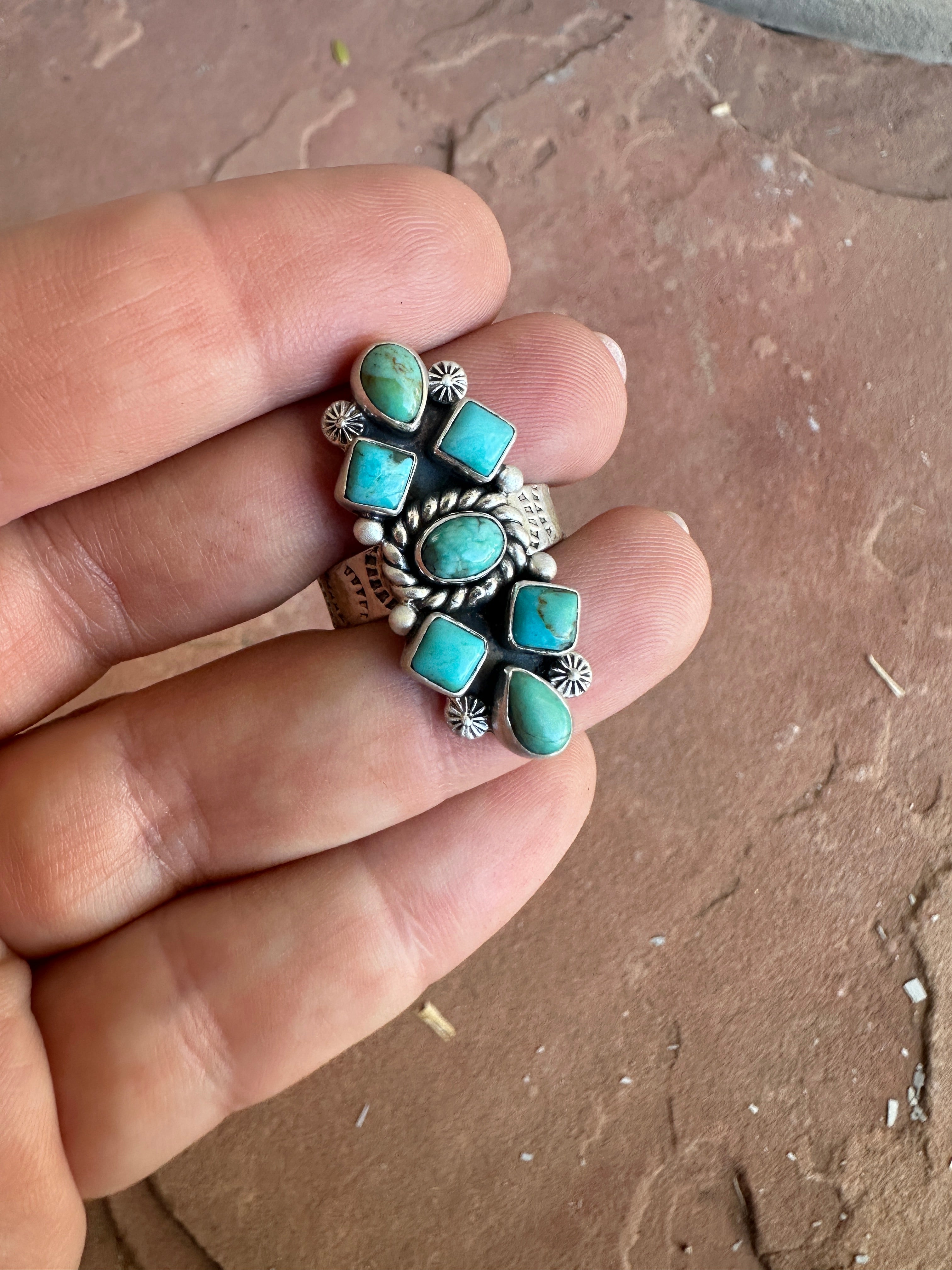 Handmade Sterling Silver & Turquoise Cluster Adjustable Ring