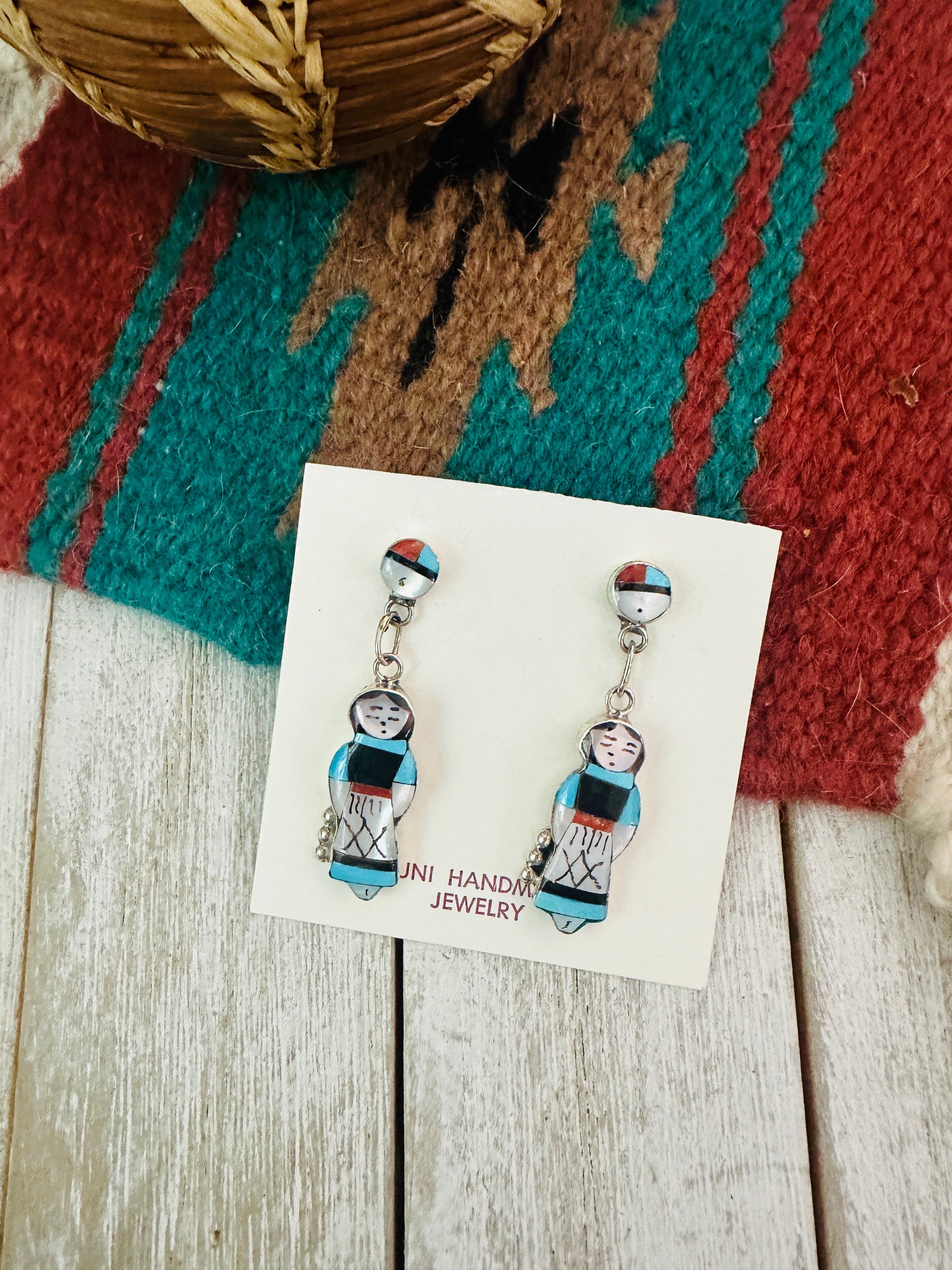 Zuni Multi Stone & Sterling Silver Inlay Maiden Girl Dangle Earrings