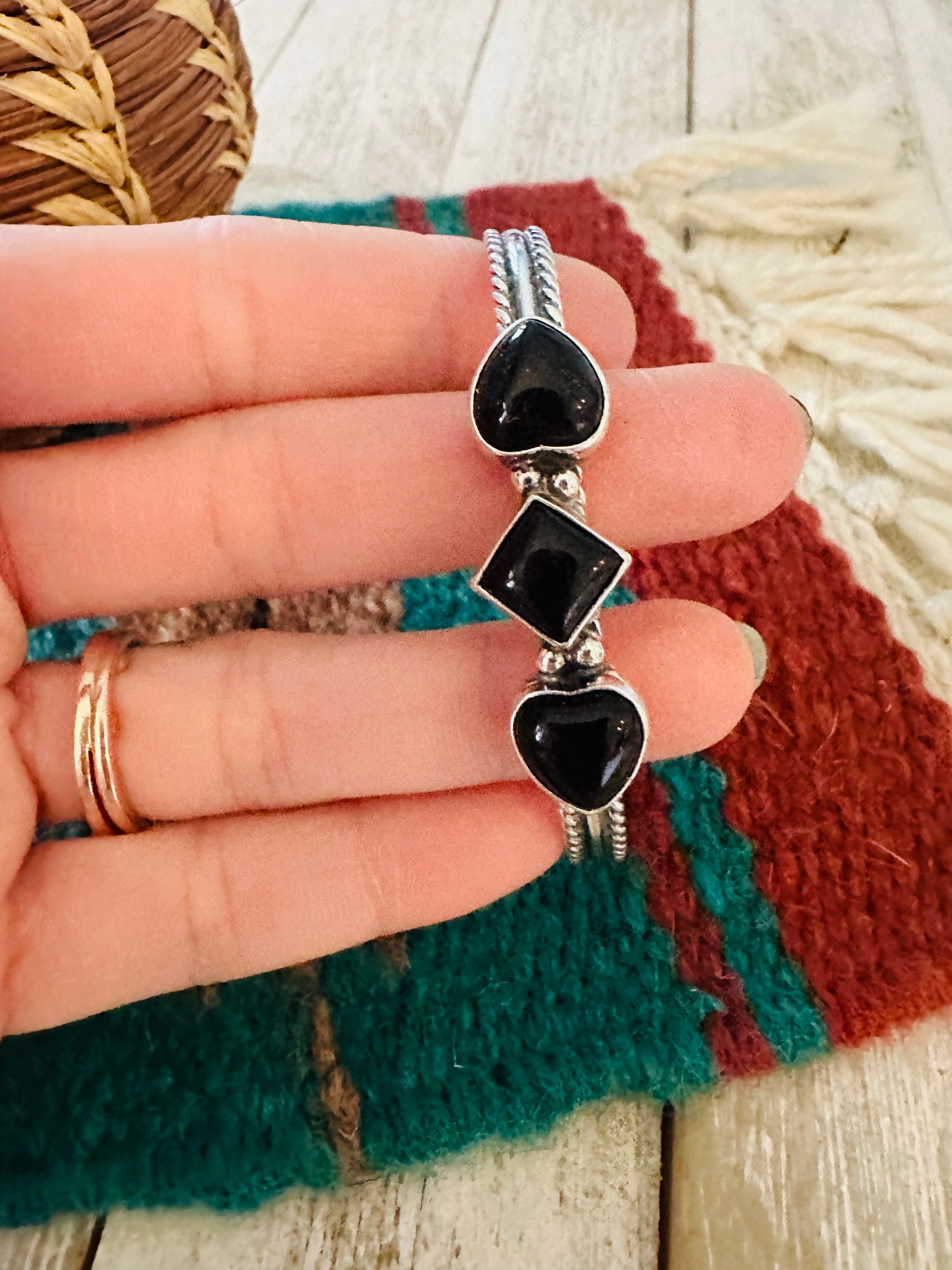 Navajo Sterling Silver & Black Onyx Heart Cuff Bracelet