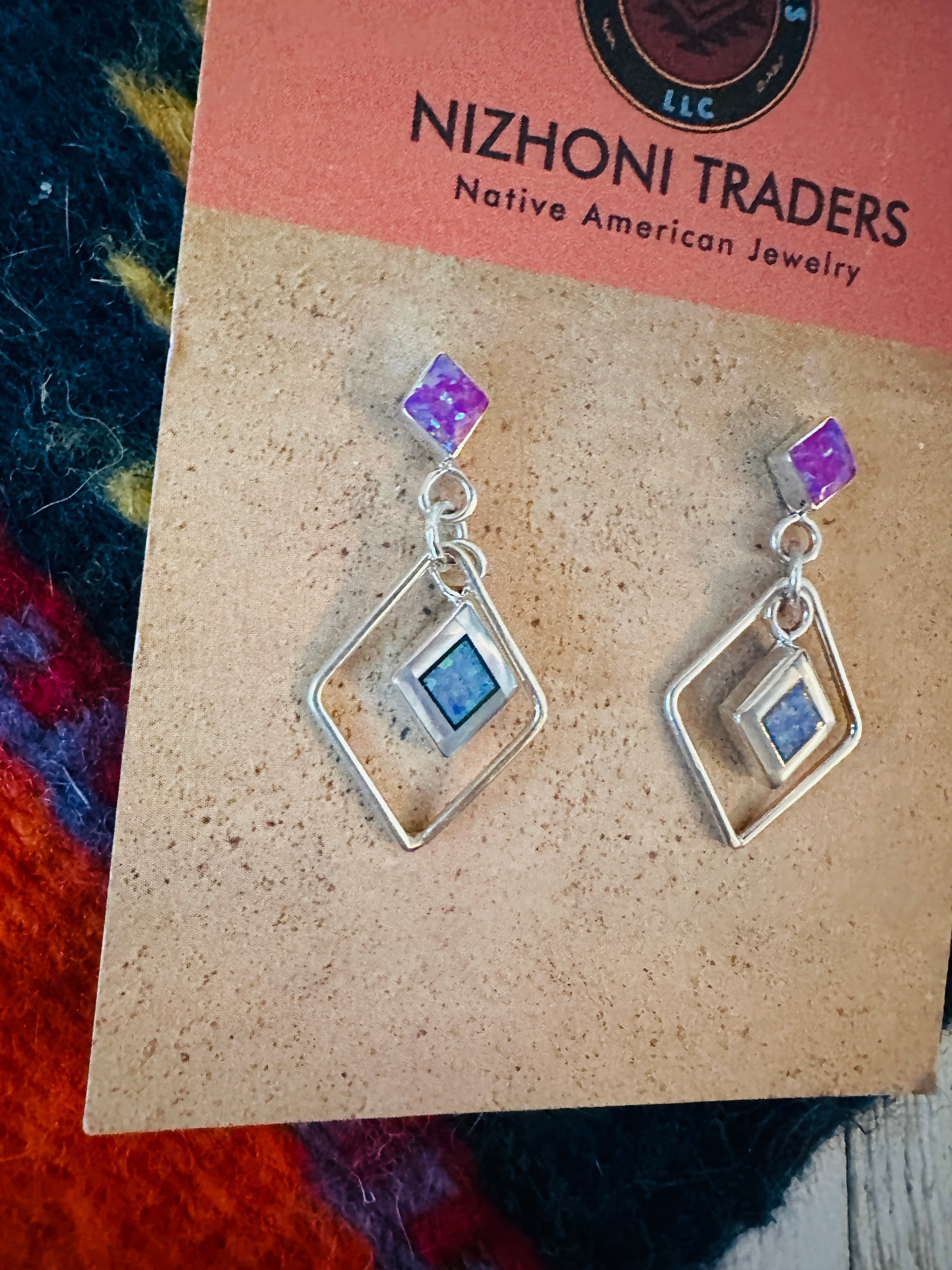 Zuni Sterling Silver & Purple Opal Diamond Dangle Earrings