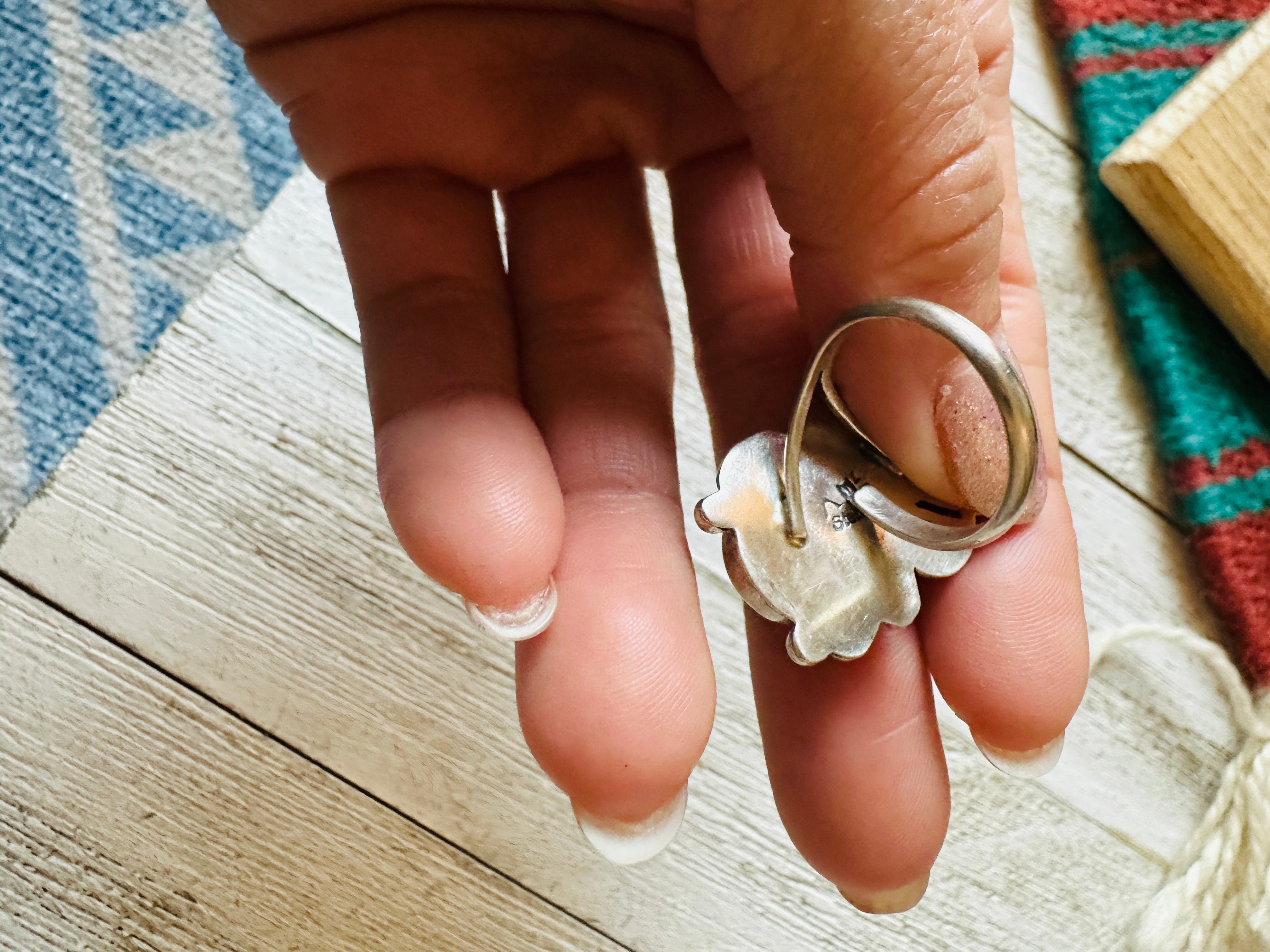 Navajo Sterling Silver & Queen Pink Conch 2 Stone Adjustable Ring