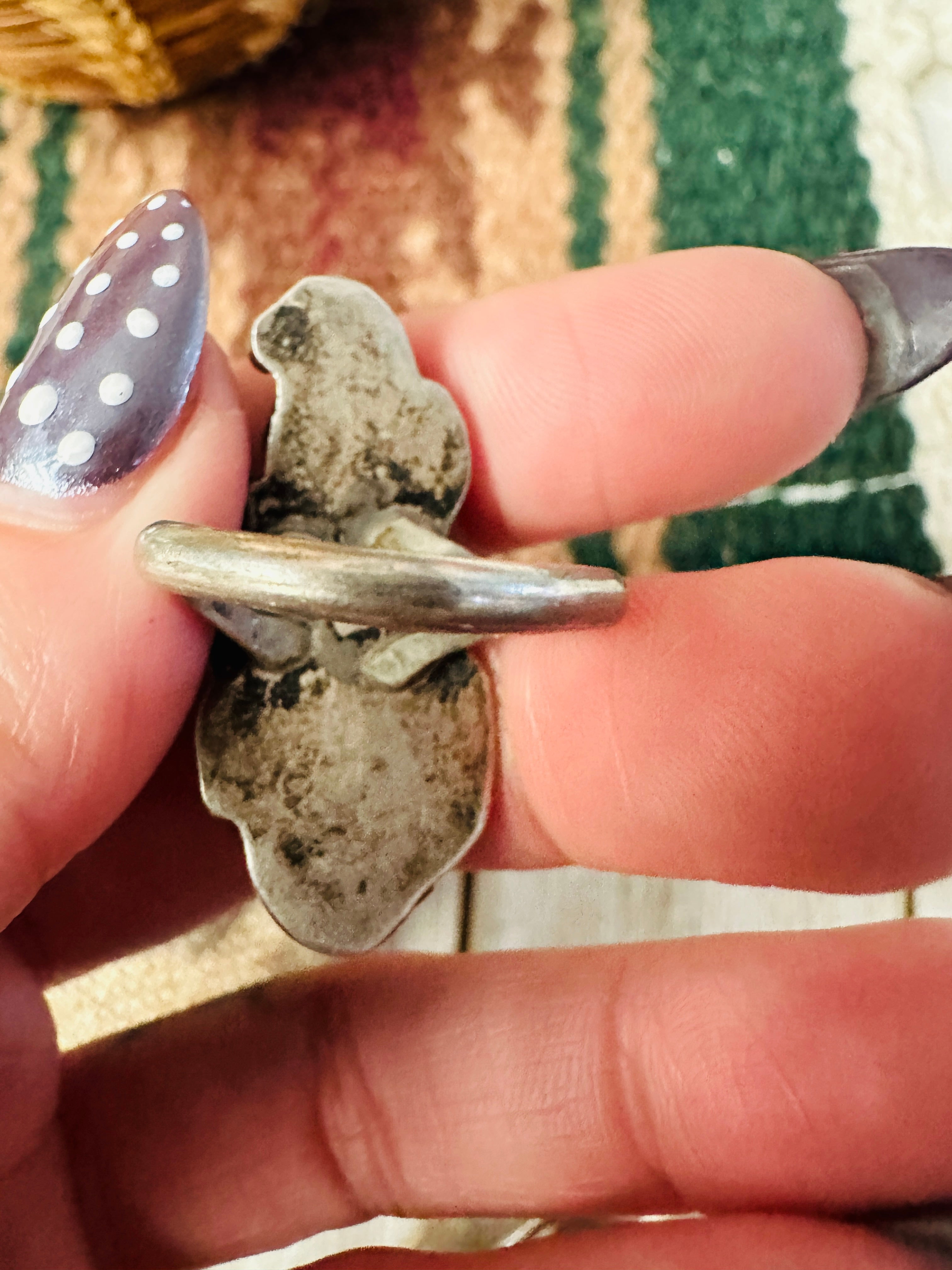 Old Pawn Handcrafted Turquoise, Coral & Sterling Silver Ring Size 6.5