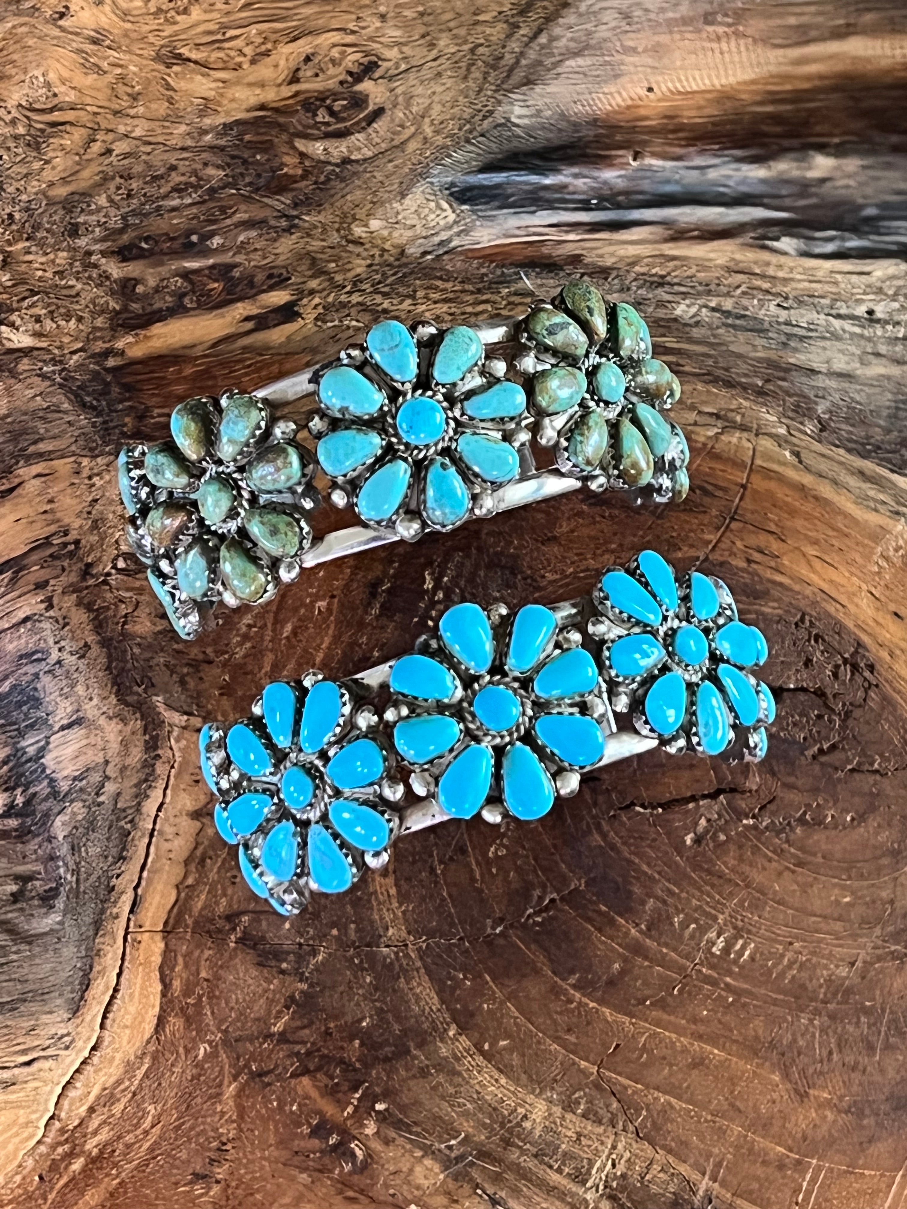 Handcrafted Old Pawn Sterling Silver and Mixed Turquoise Daisy Cluster Cuff Bracelet, Signed MA /