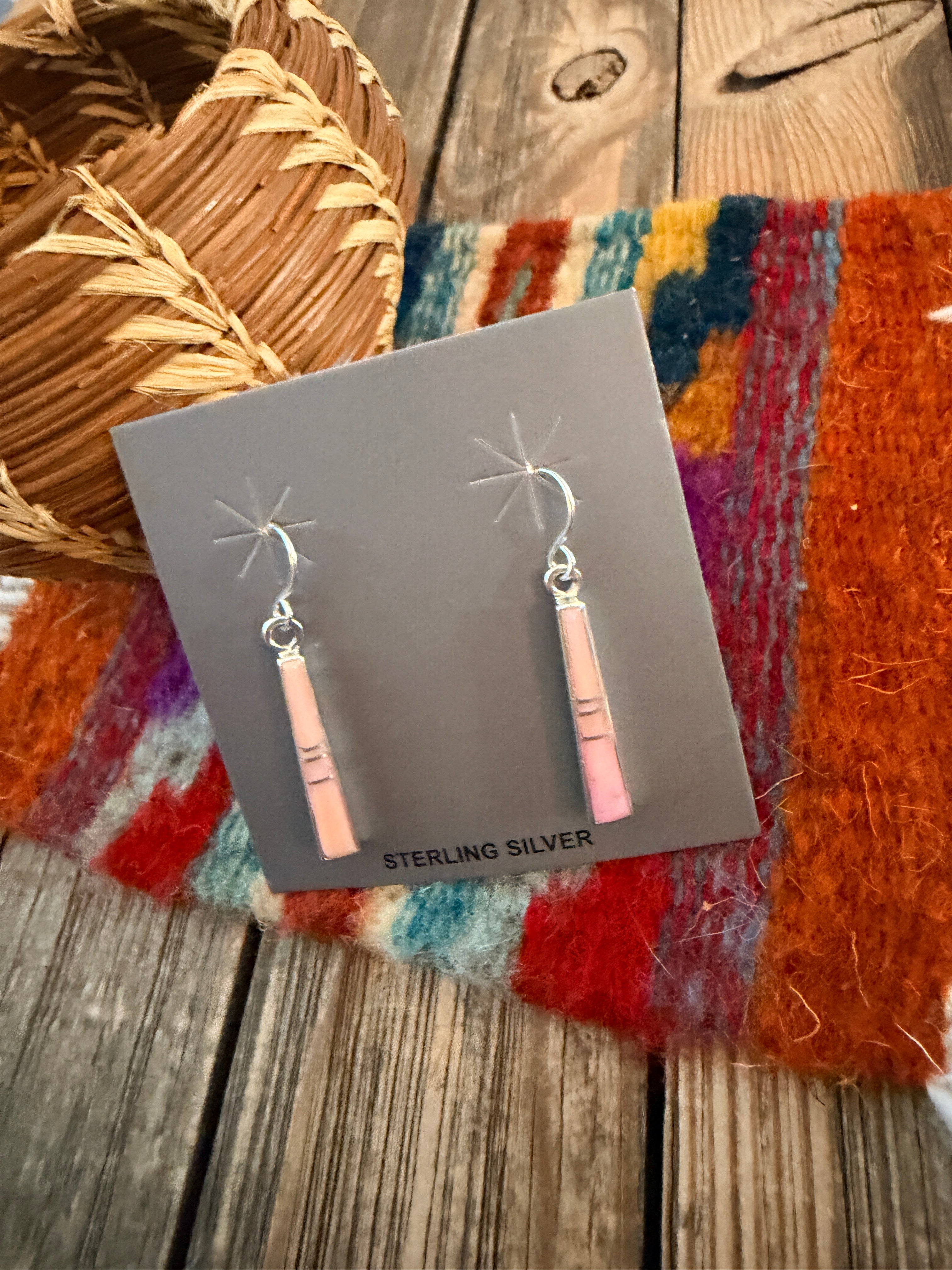 Handcrafted Queen Pink Conch & Sterling Silver Inlay Dangle Earrings by Rick Tolino