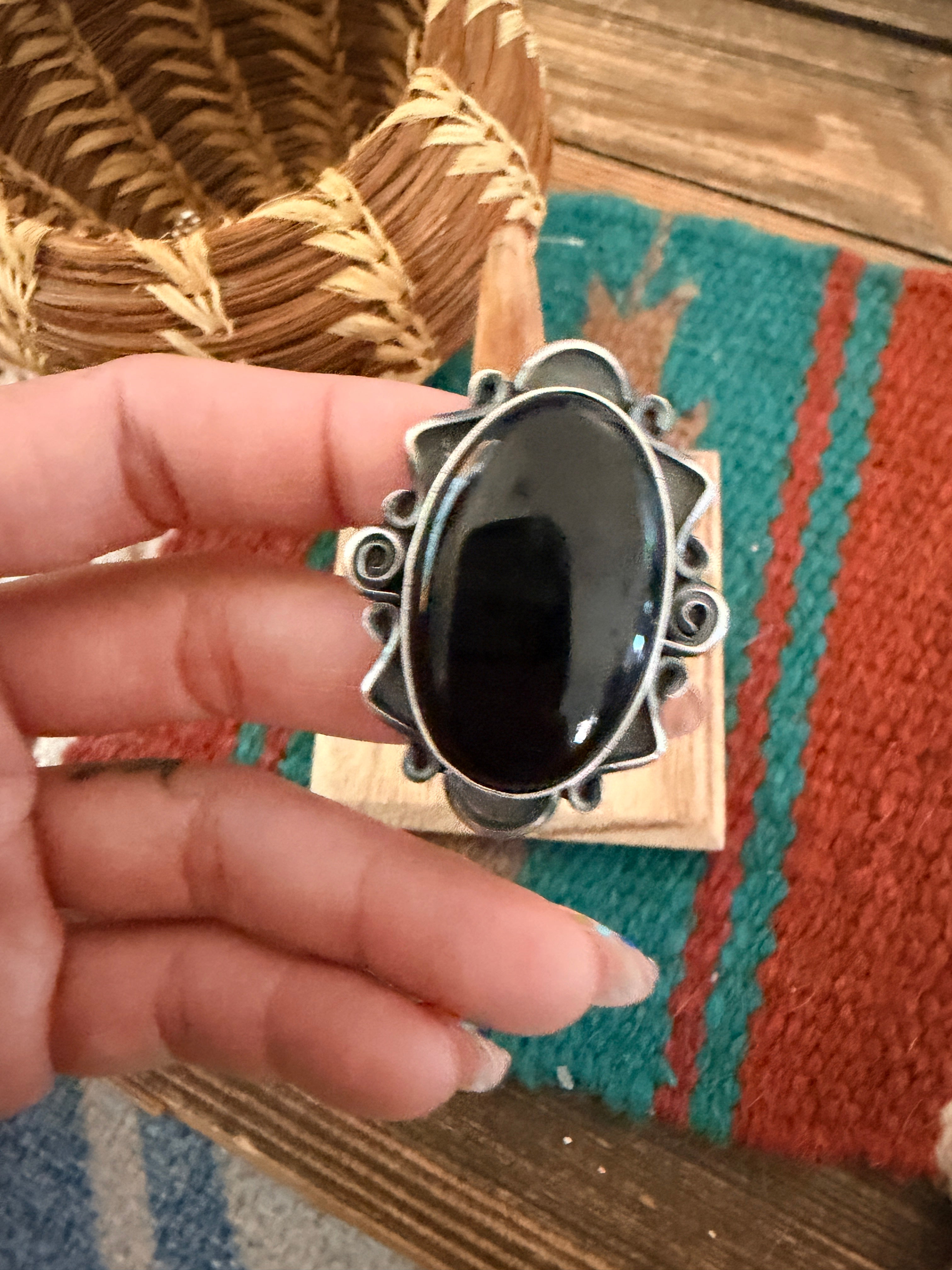 Handcrafted Black Onyx & Sterling Silver Ring Size 6.75