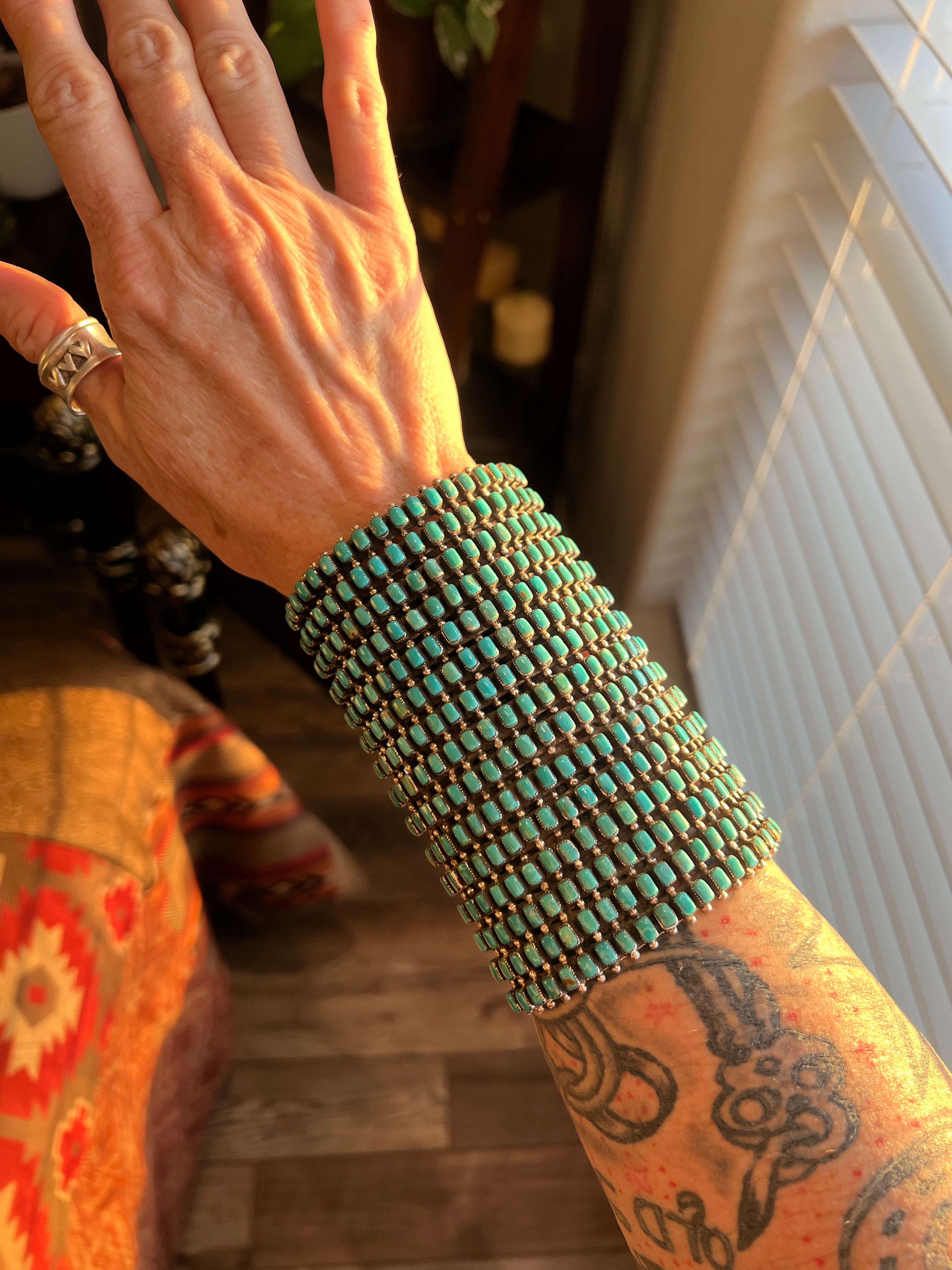 Handcrafted Epic Made 15 Row Sterling Silver and Turquoise Gauntlet Style Cuff Bracelet /