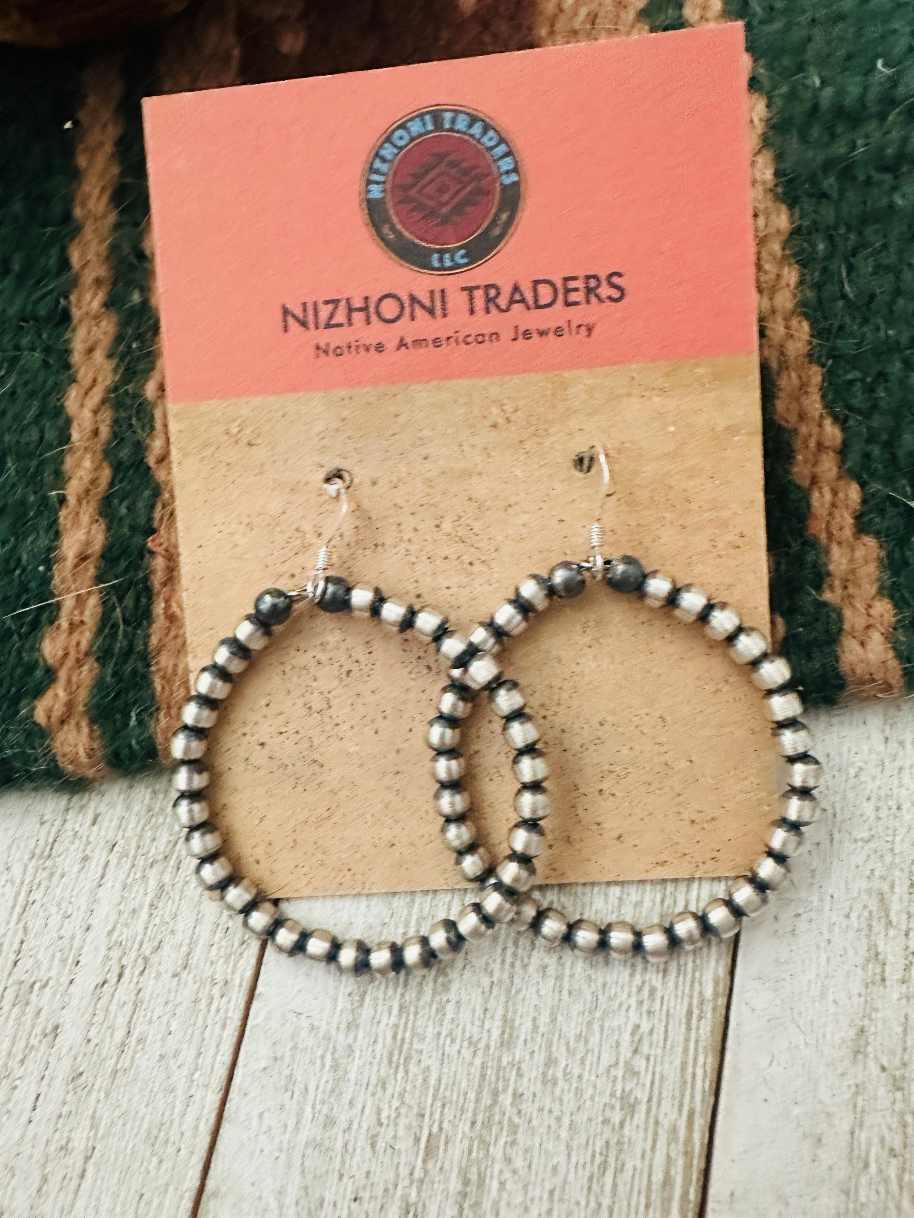 Navajo Sterling Silver Pearl Beaded Dangle Hoop Earrings