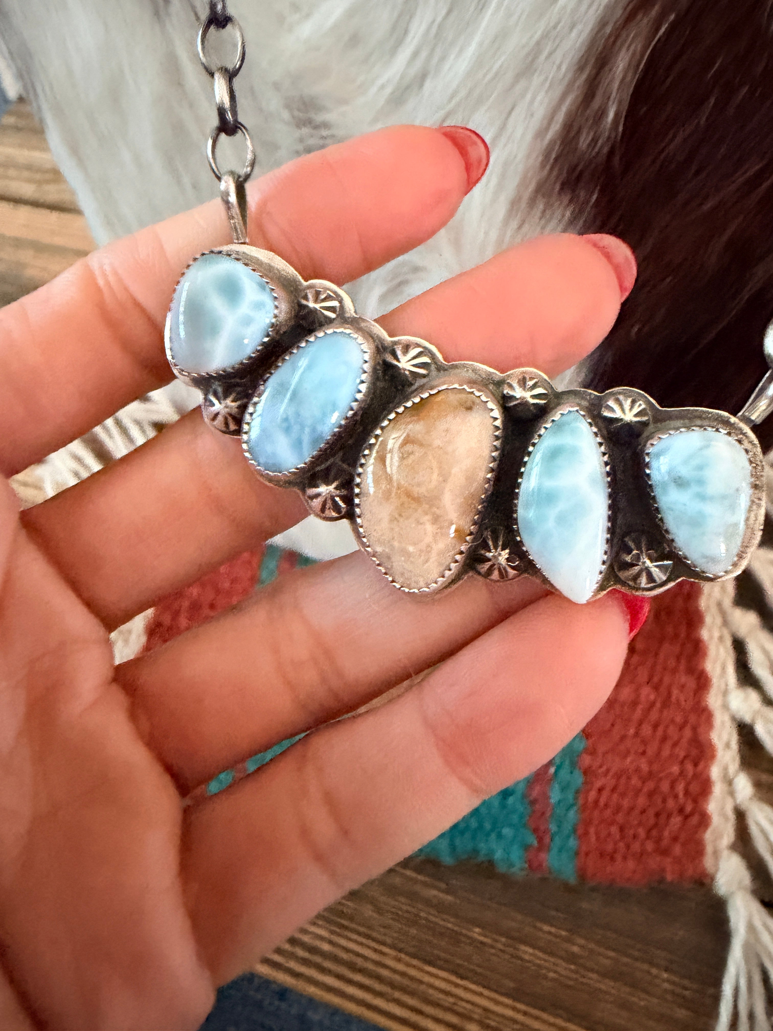 Handmade Sterling Silver, Larimar & Fossilized Coral Necklace Necklace