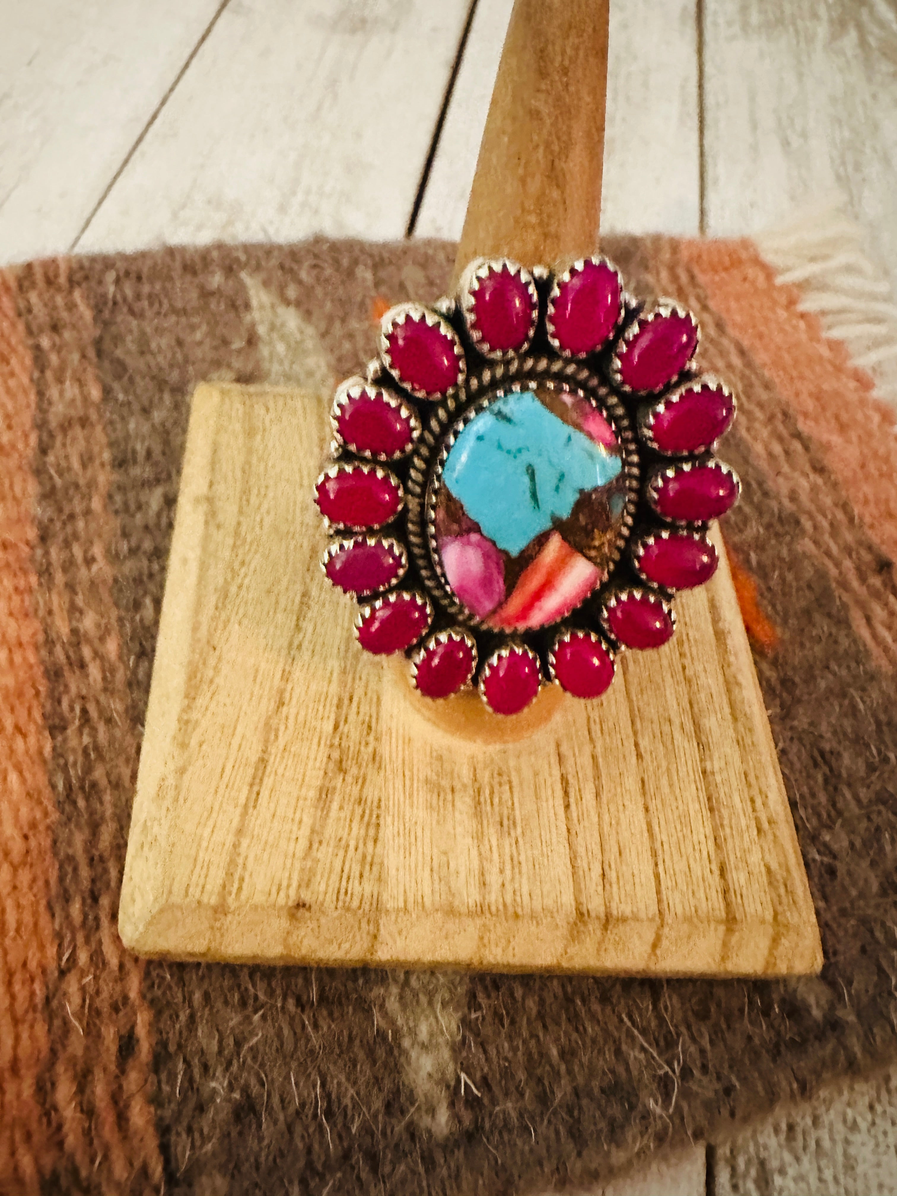 Handmade Sterling Silver, Pink Onyx & Pink Dream Cluster Adjustable Ring by Nizhoni