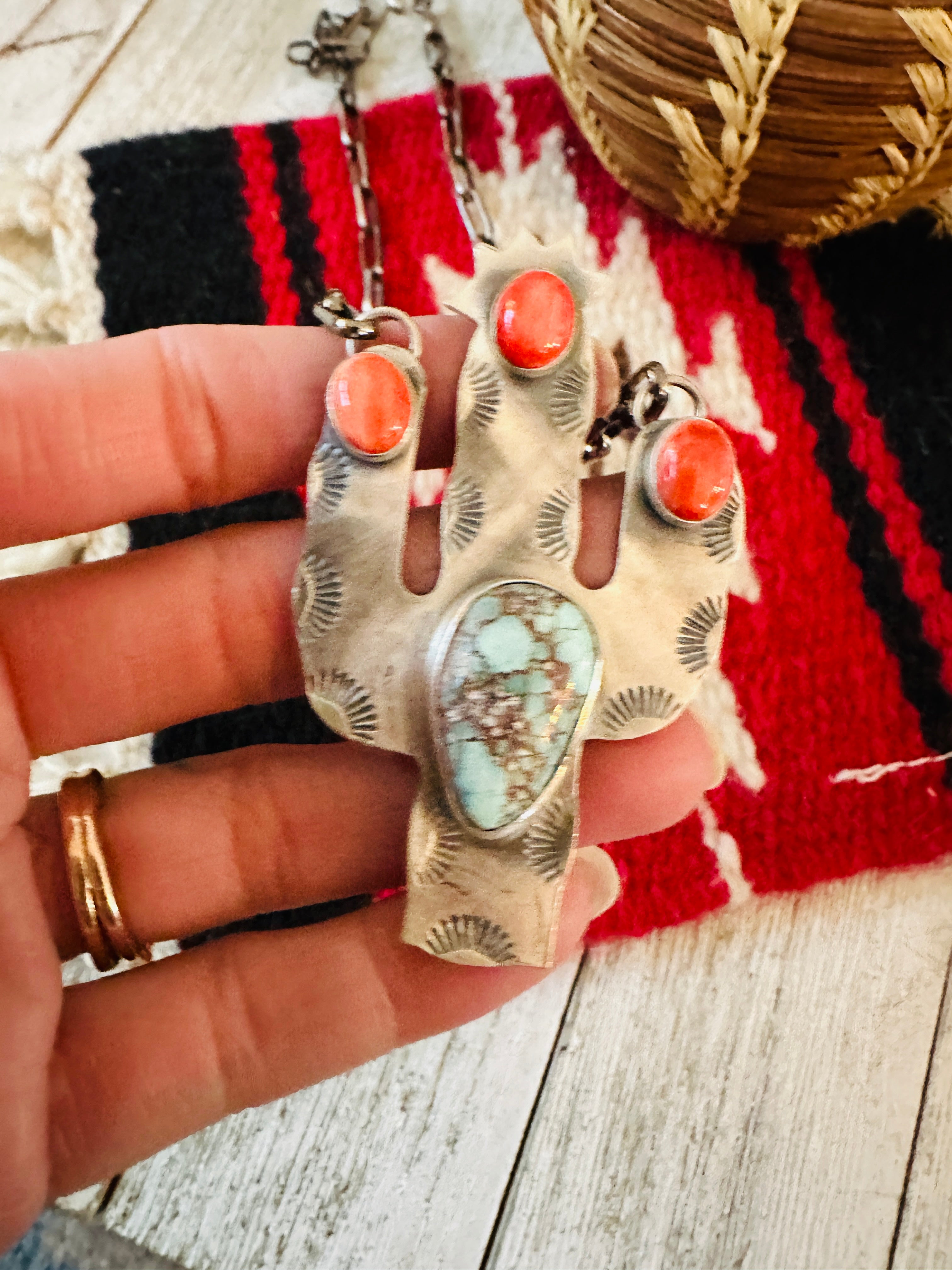 Handcrafted Sterling Silver, Turquoise & Spiny Cactus Necklace