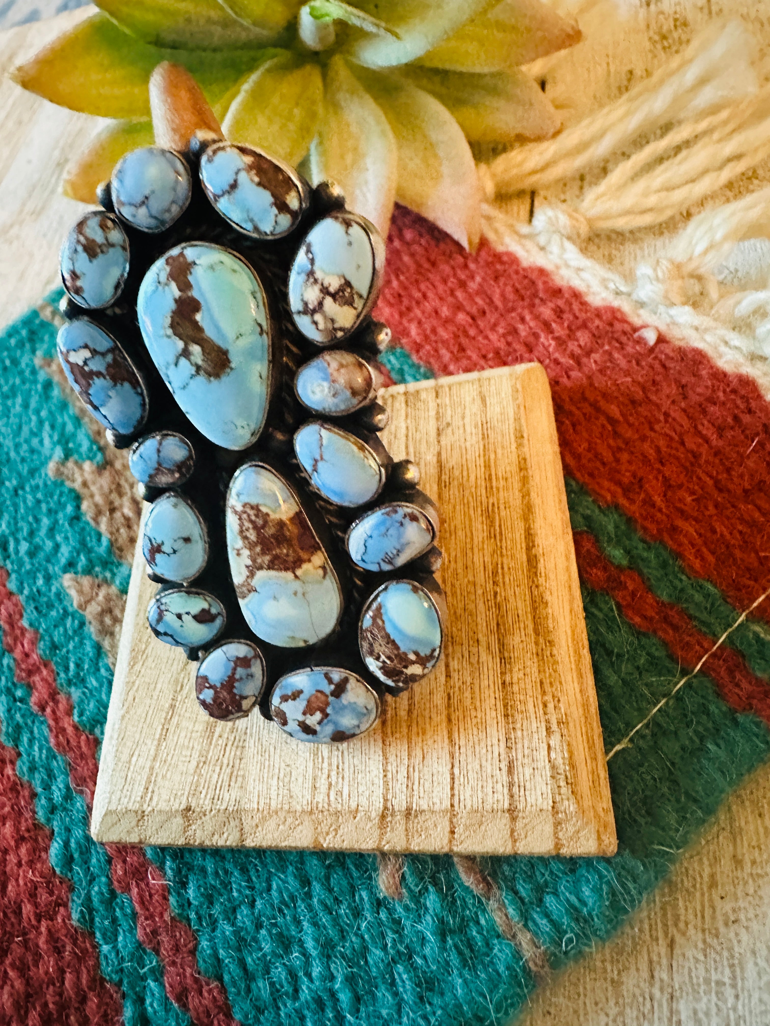 Navajo Golden Hills Turquoise & Sterling Silver Cluster Ring Size 8