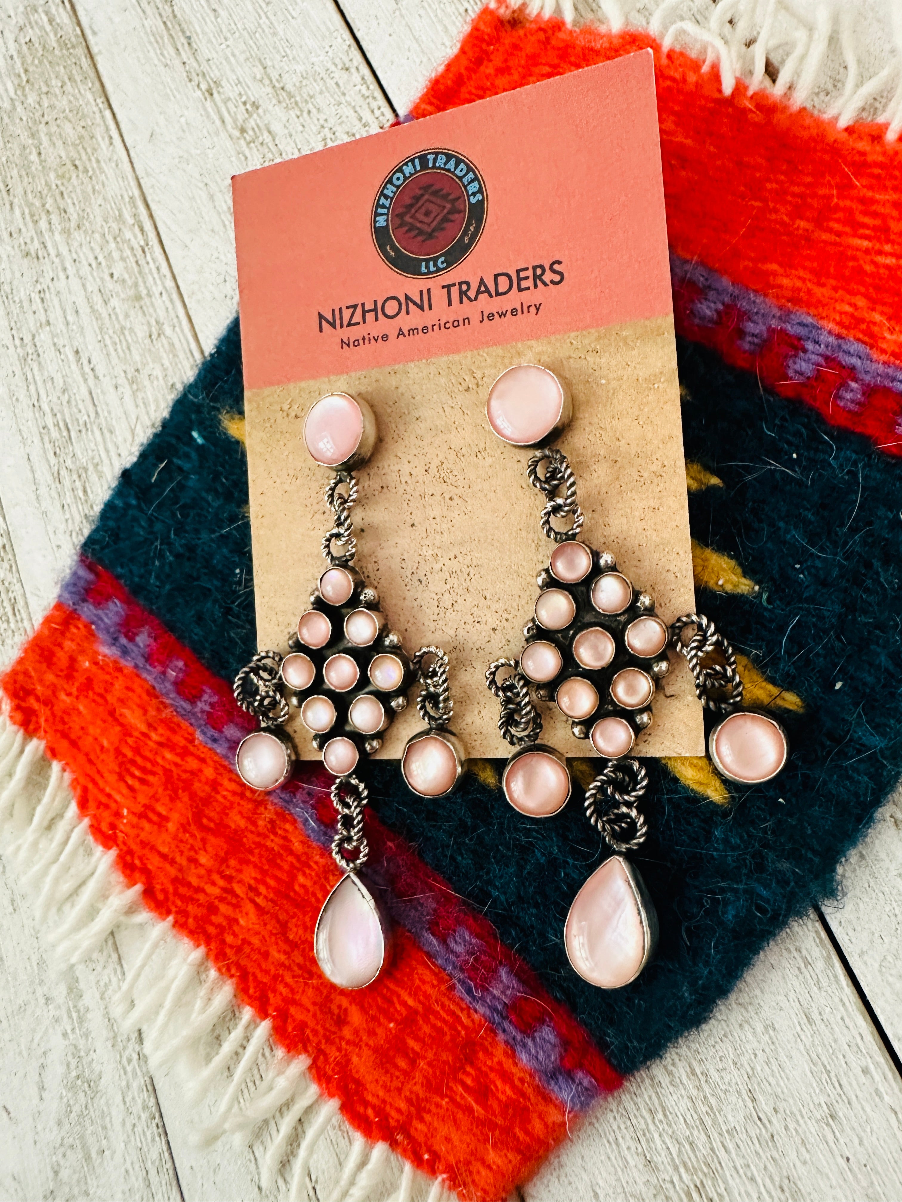 Navajo Pink Mother of Pearl & Sterling Silver Dangle Earrings