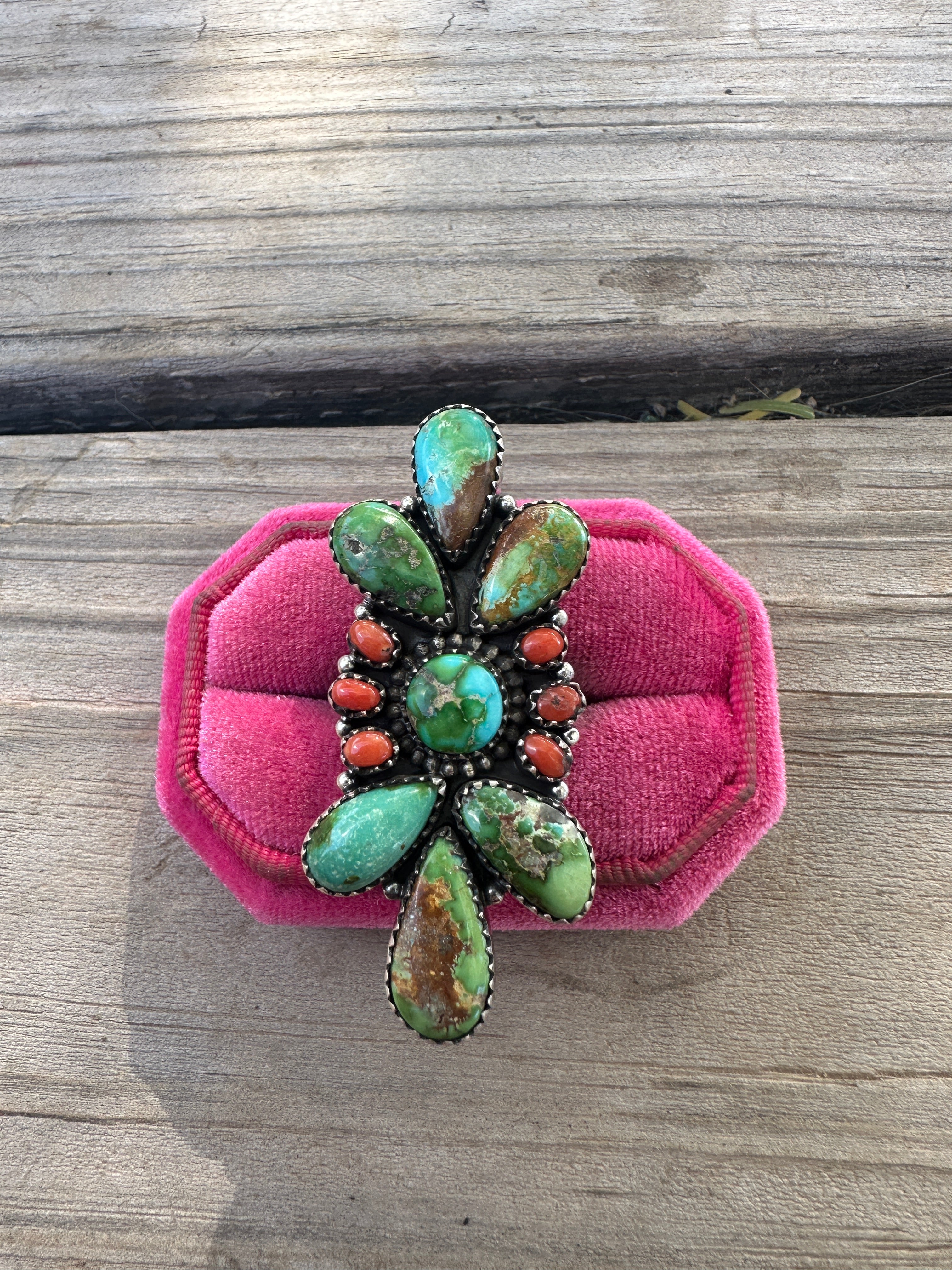 Beautiful Handmade Coral, Sonoran Turquoise And Sterling Silver Adjustable Ring 2