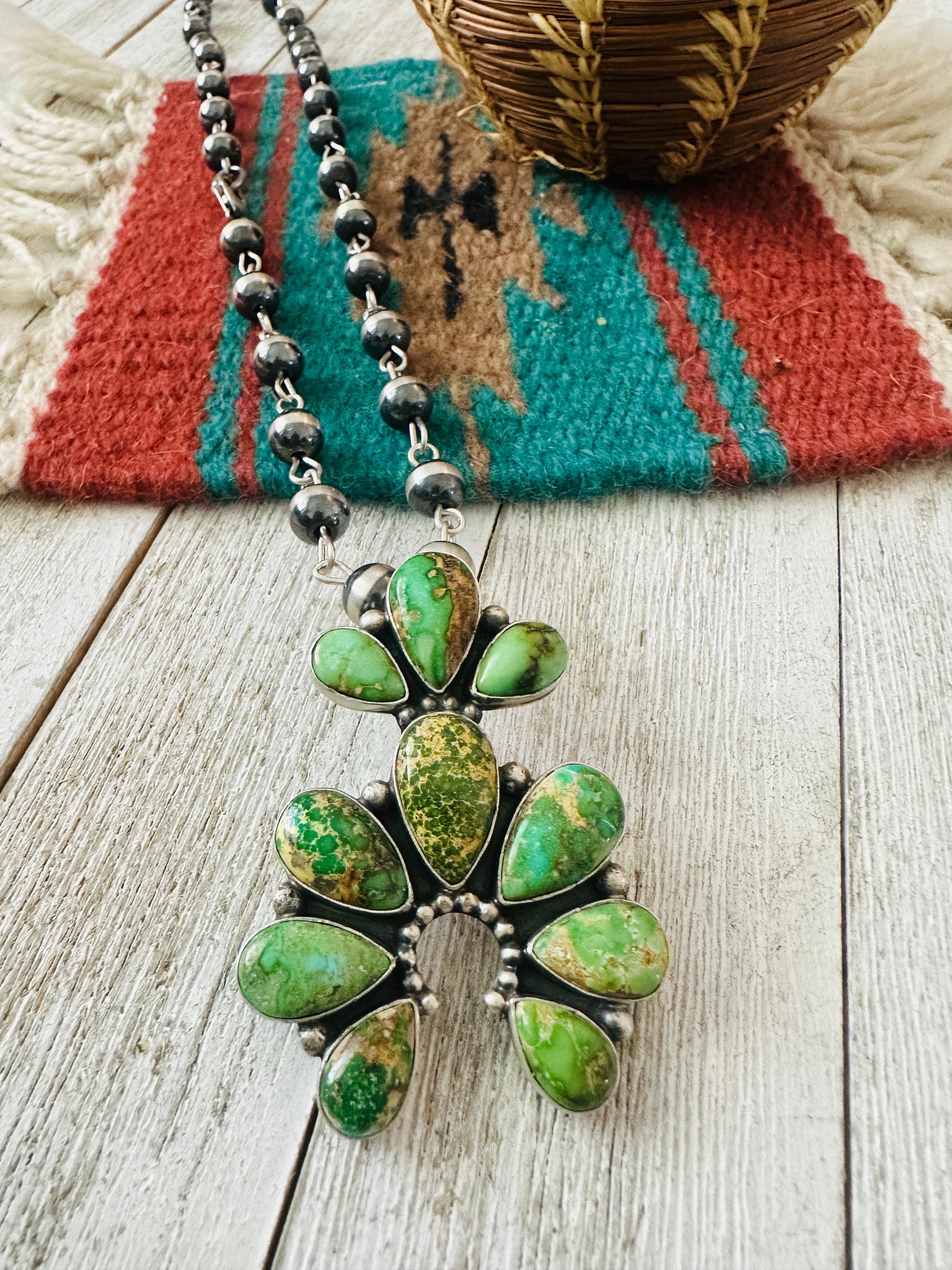 Handcrafted Sterling Silver & Sonoran Gold Turquoise Beaded Naja Necklace Signed