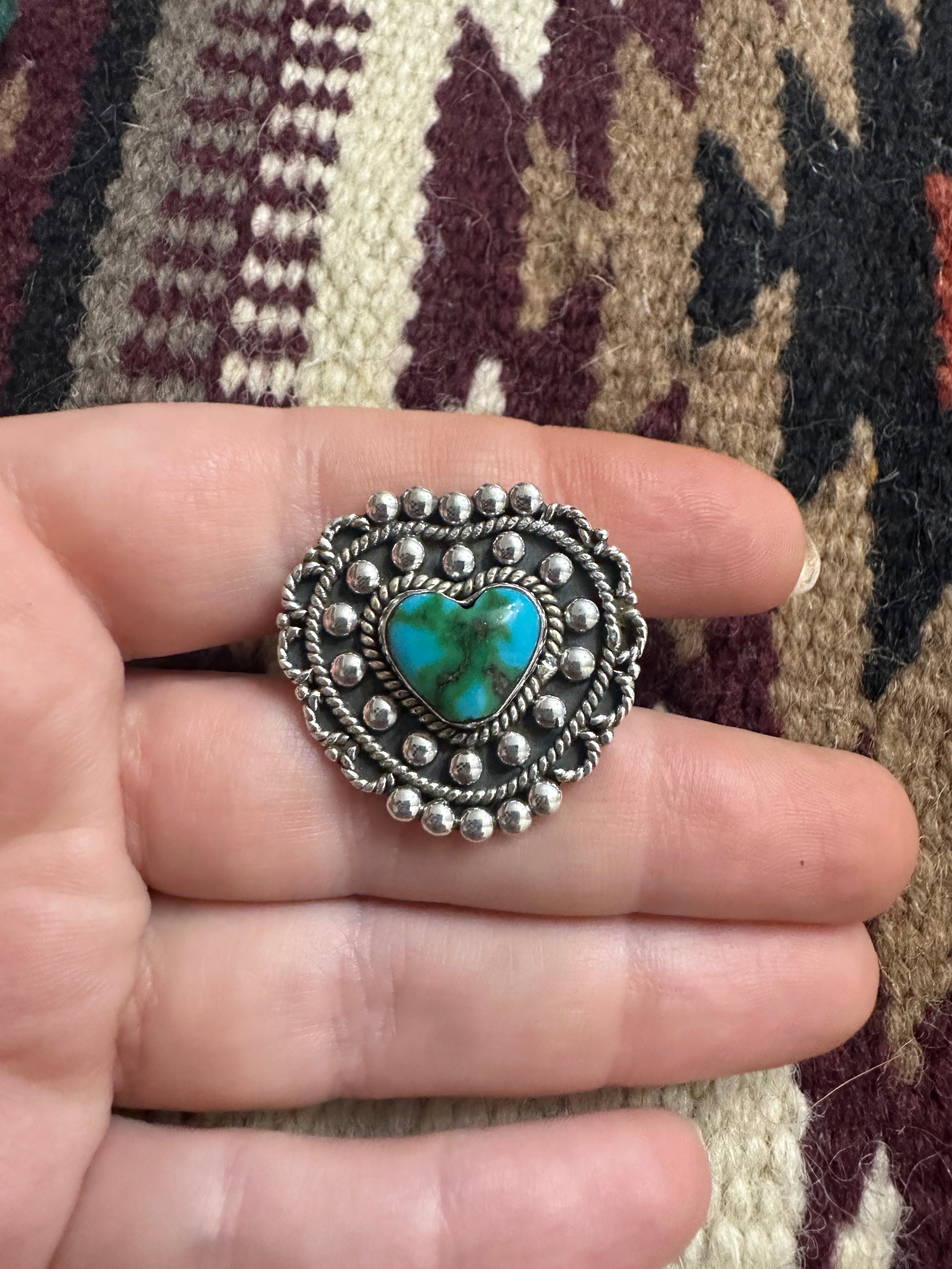 Beautiful Handmade Sonoran Mountain Turquoise And Sterling Silver Ball Adjustable Heart Ring