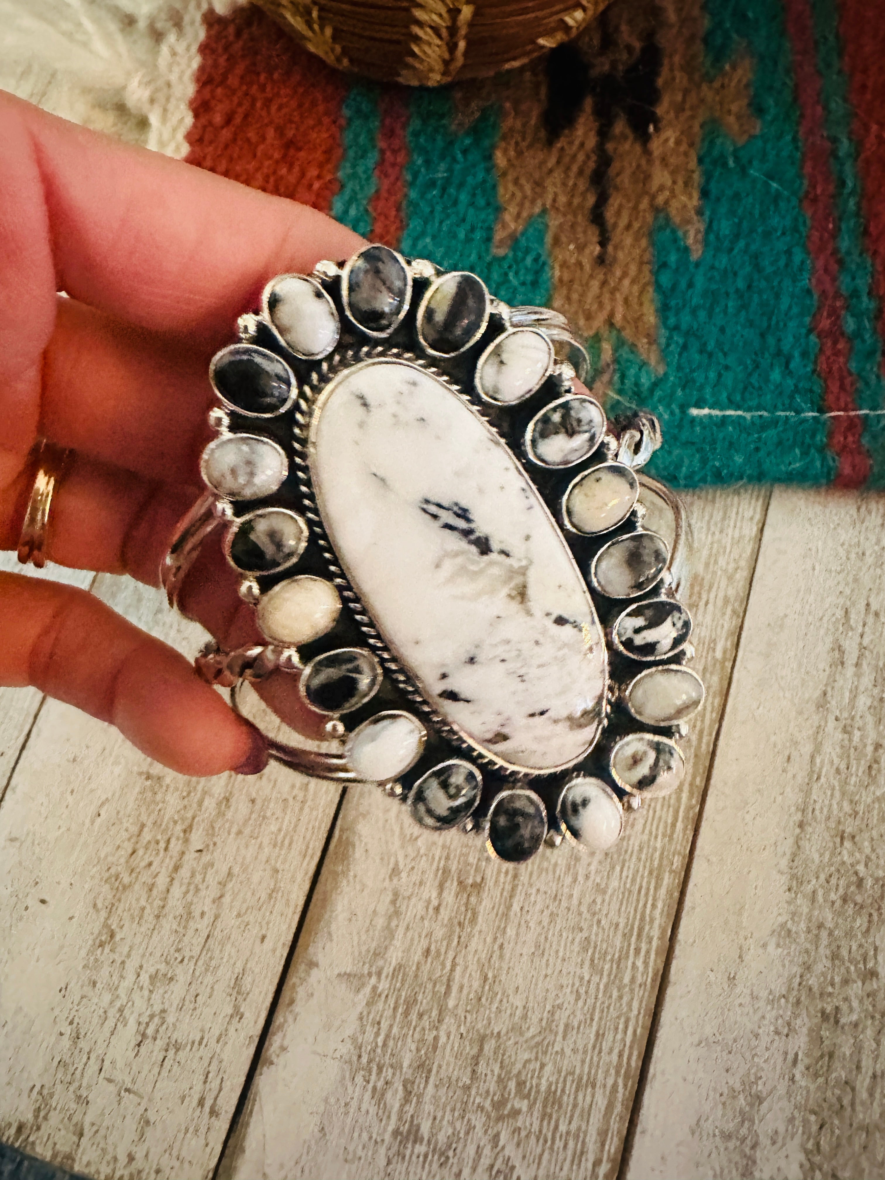 Navajo White Buffalo & Sterling Silver Cluster Cuff Bracelet