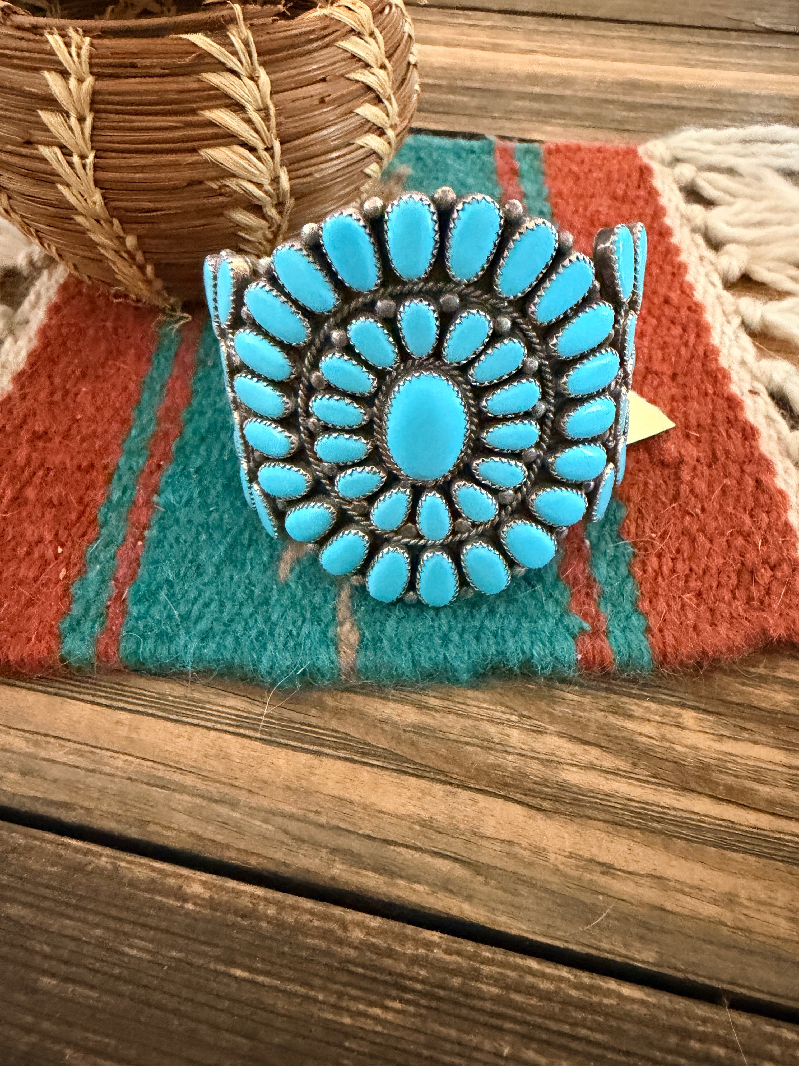 Handcrafted Old Pawn Sterling Silver & Turquoise Cluster Cuff Bracelet by Slim Jim Yazzie