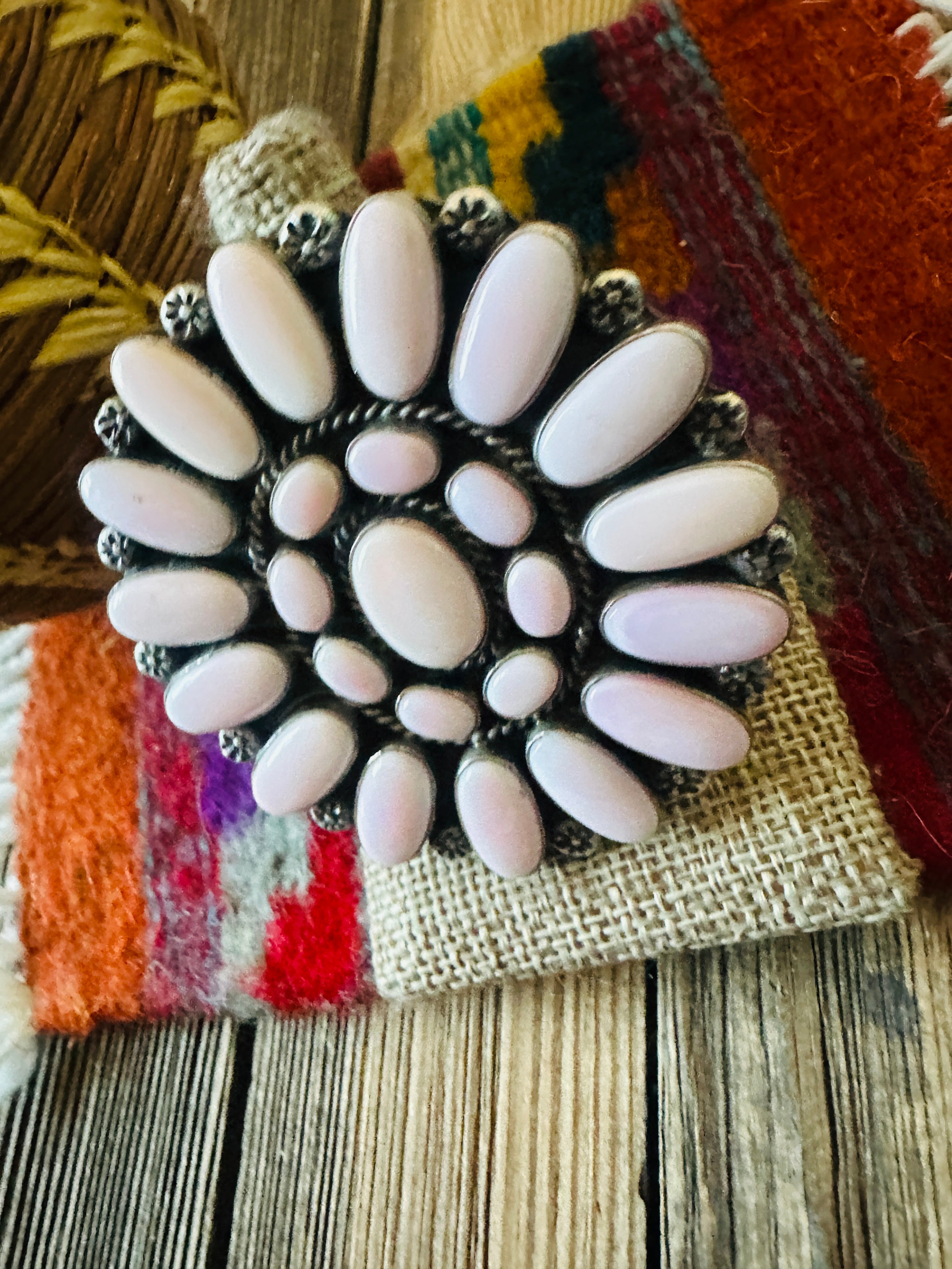 Handcrafted Queen Pink Conch & Sterling Silver Adjustable Cluster Ring