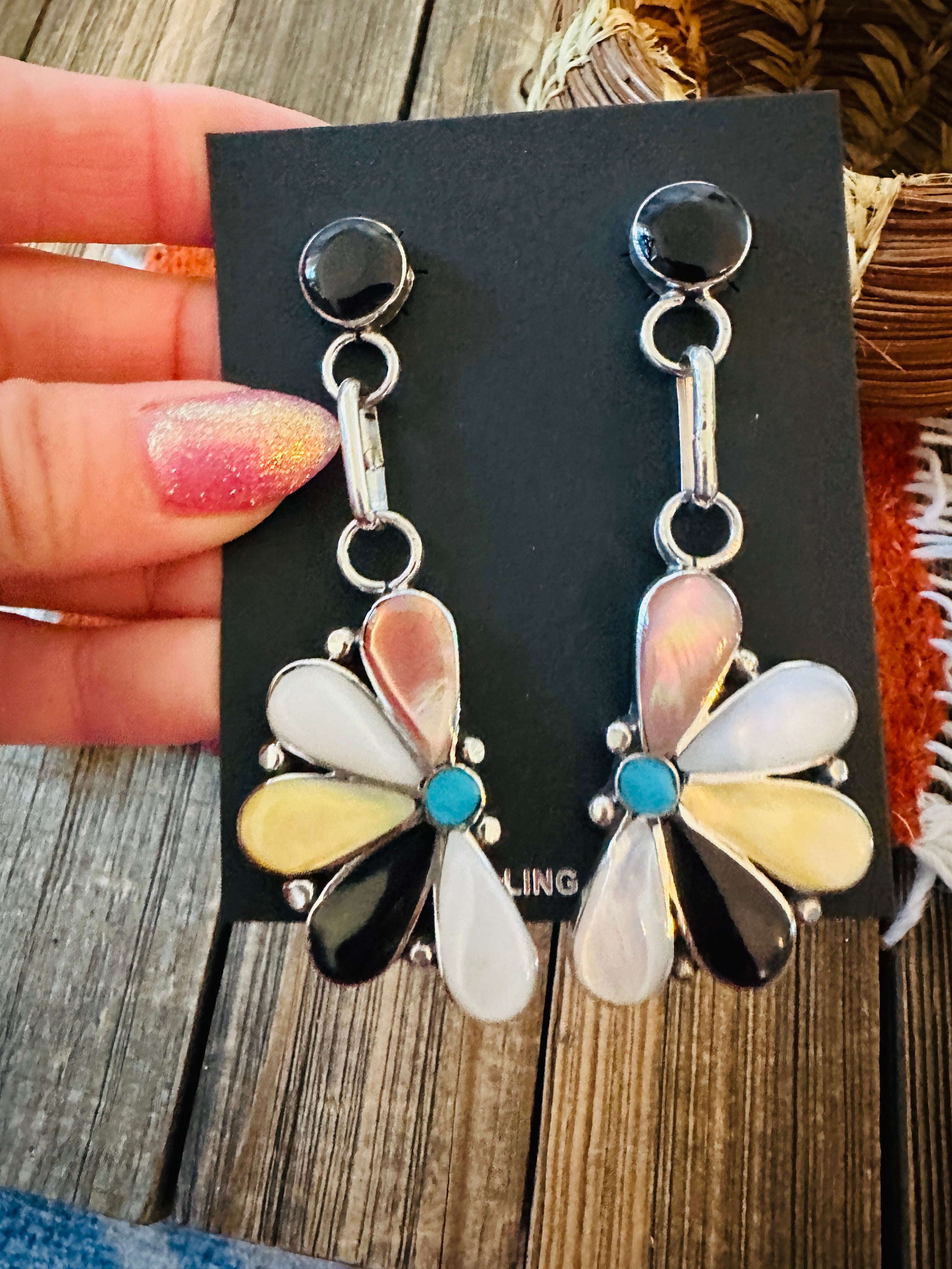 Handcrafted Sterling Silver, Mother of Pearl, Turquoise & Jet Inlay Flower Dangle Earrings