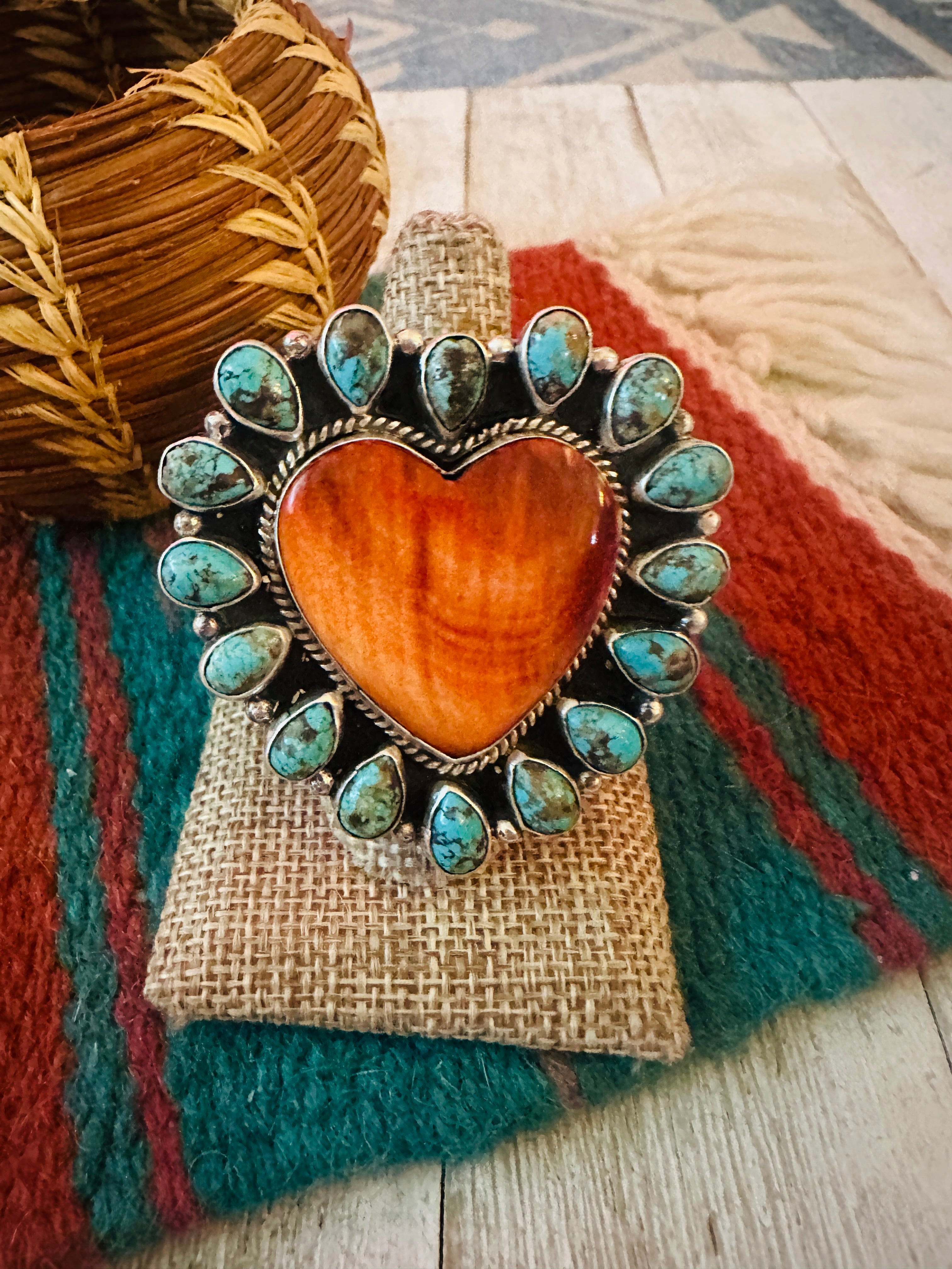 Handcrafted Sterling Silver Spiny & Turquoise Cluster Adjustable Heart Ring