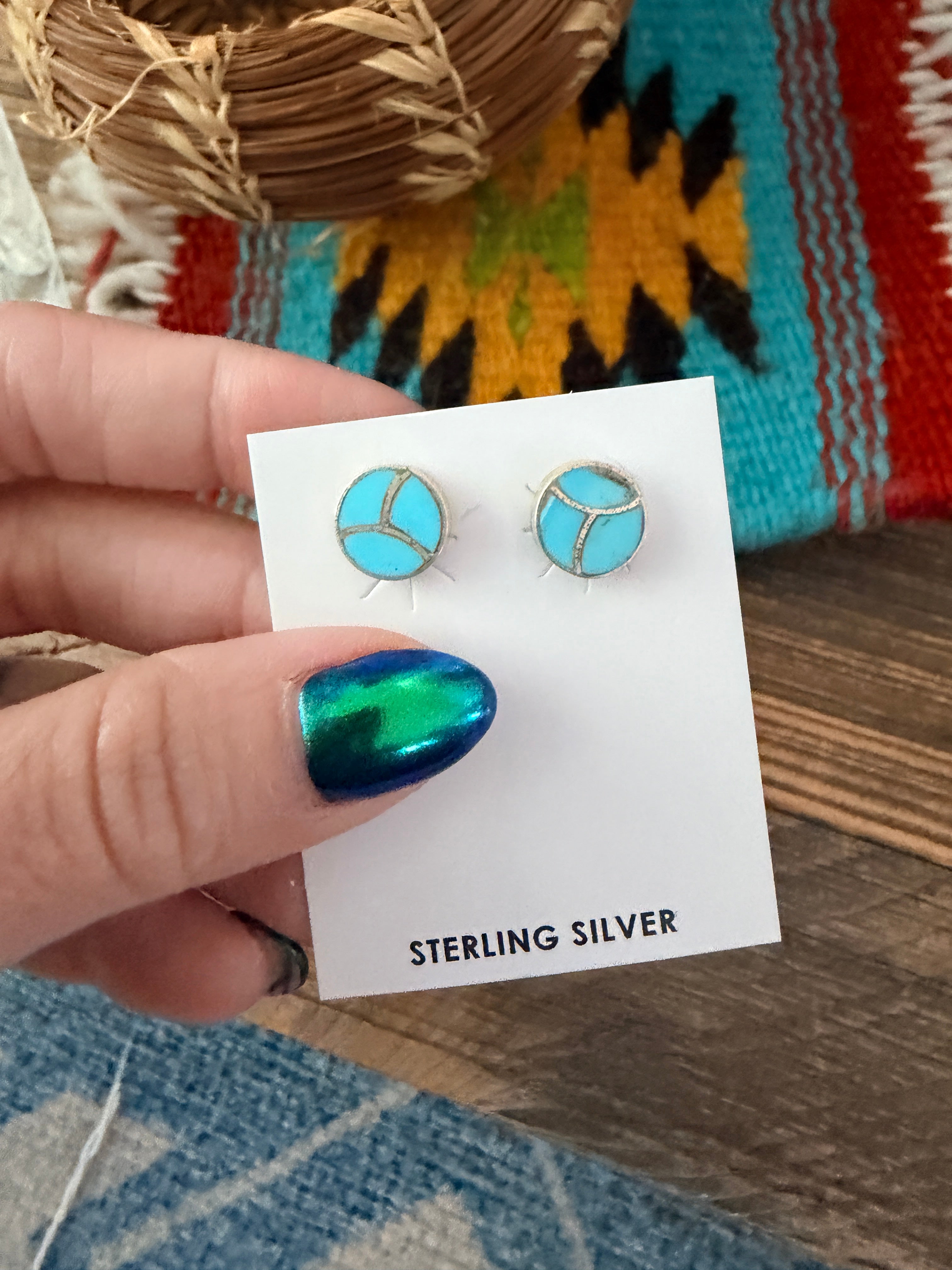 Handcrafted Turquoise & Sterling Silver Inlay Stud Earrings