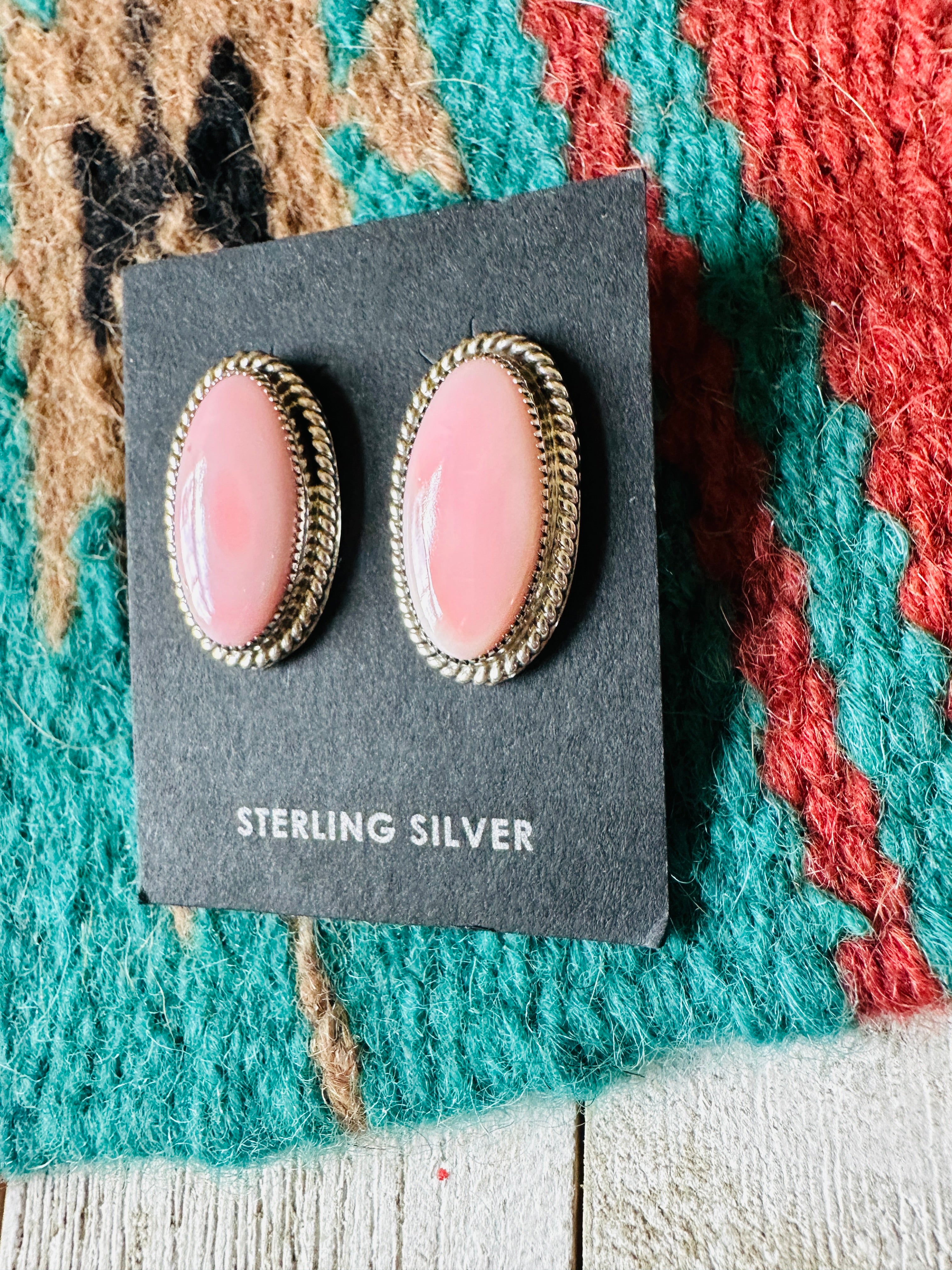 Navajo Sterling Silver & Queen Pink Conch Oval Post Earrings