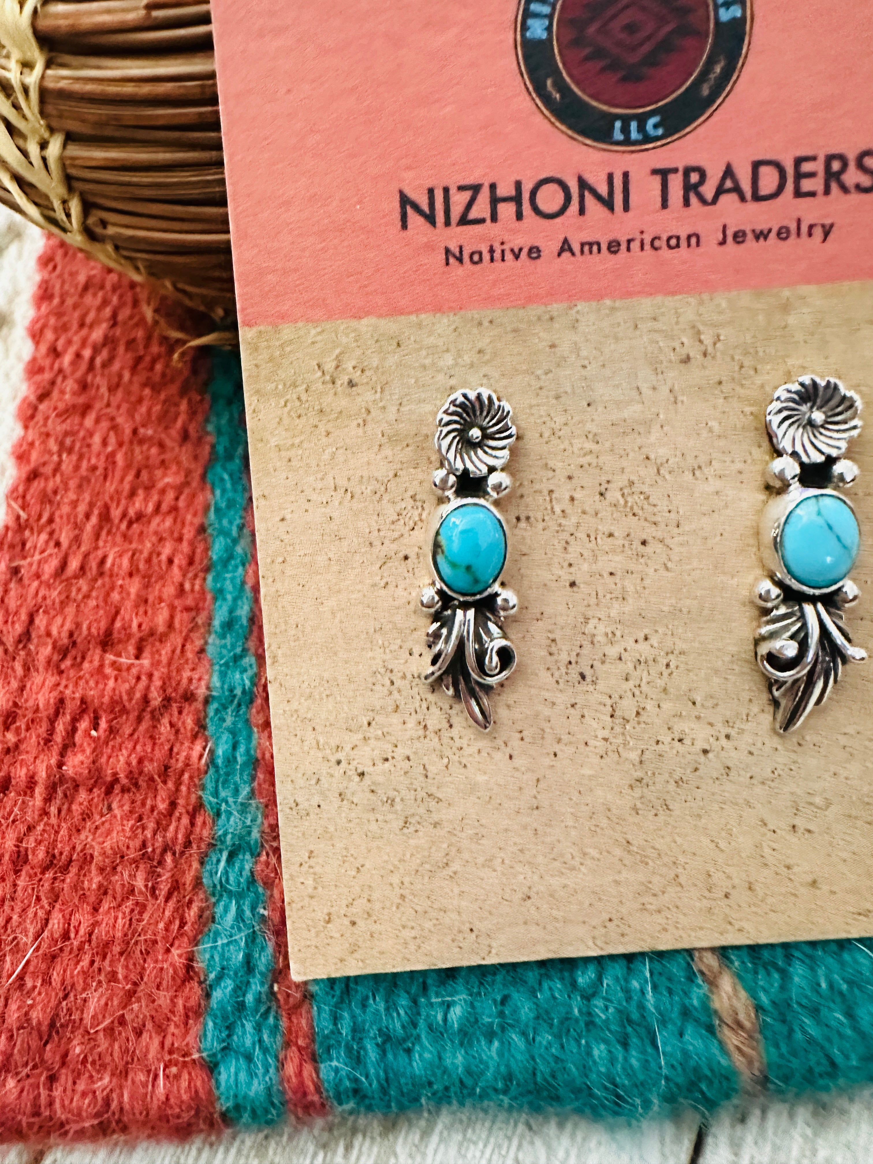 Handcrafted Turquoise & Sterling Silver Flower Dangle Earrings
