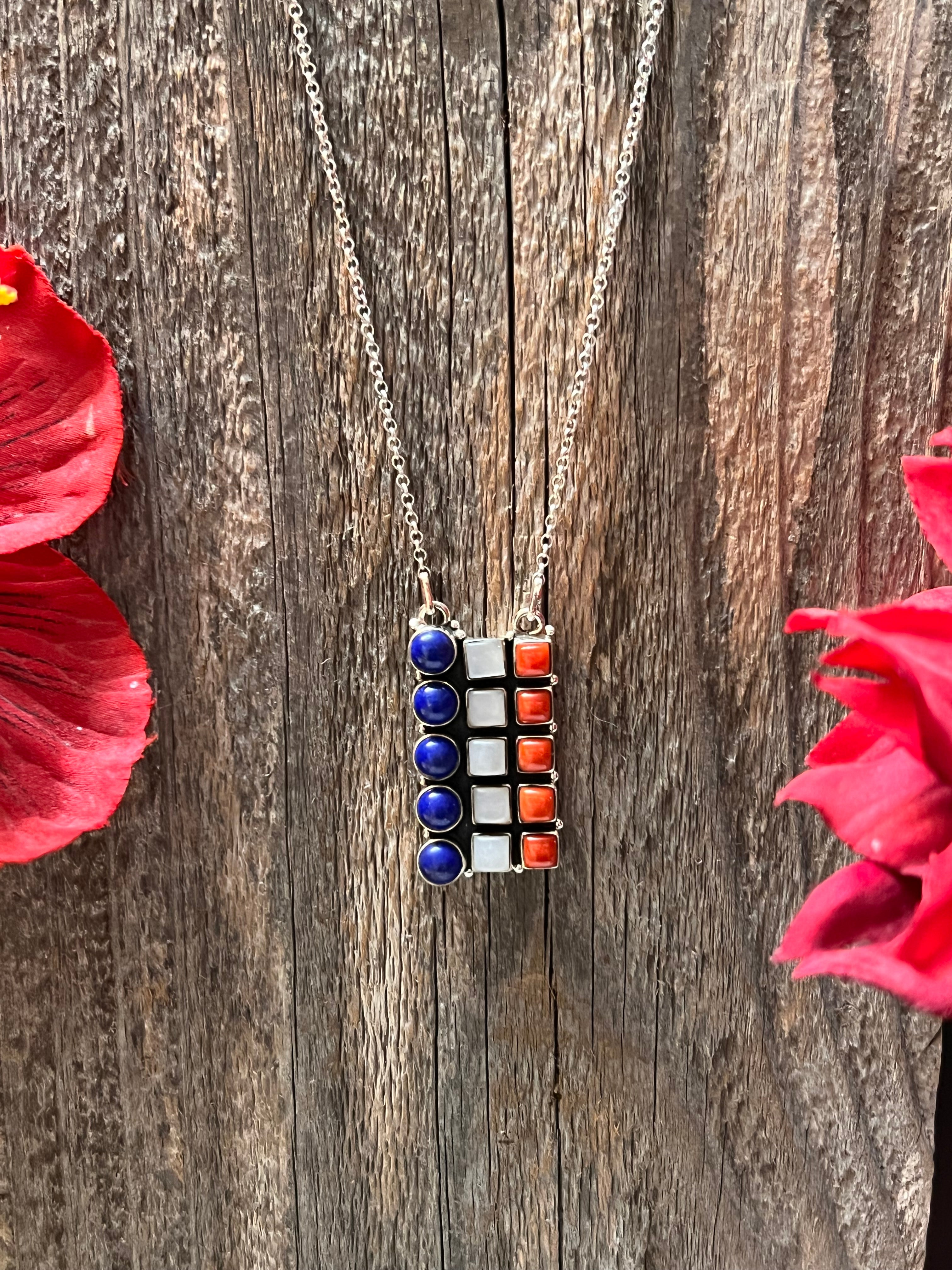** 4TH OF JULY ** Handmade Sterling Silver with Red Coral, White Opal, & Blue Lapis Bar Necklace
