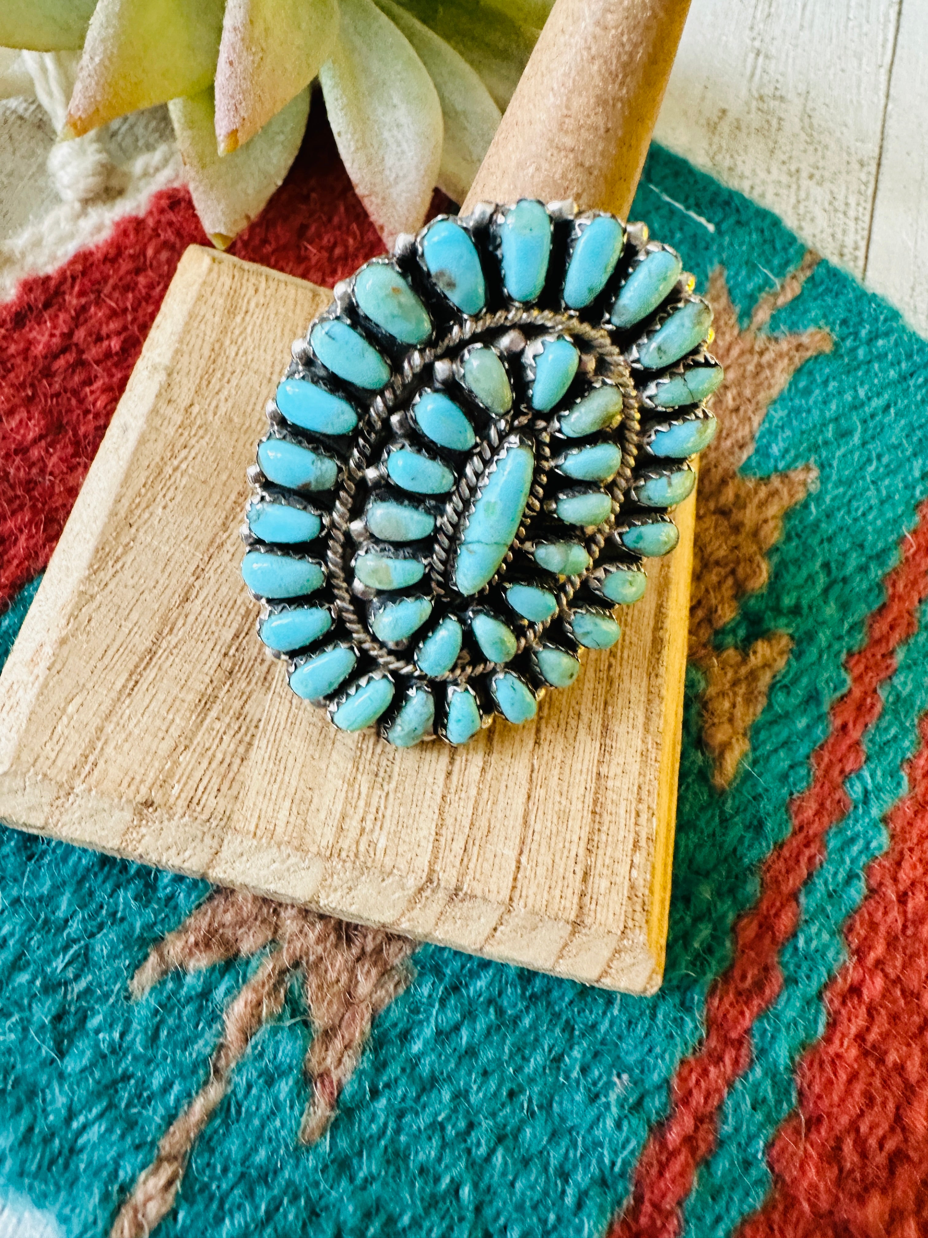 Navajo Turquoise & Sterling Silver Adjustable Cluster Ring