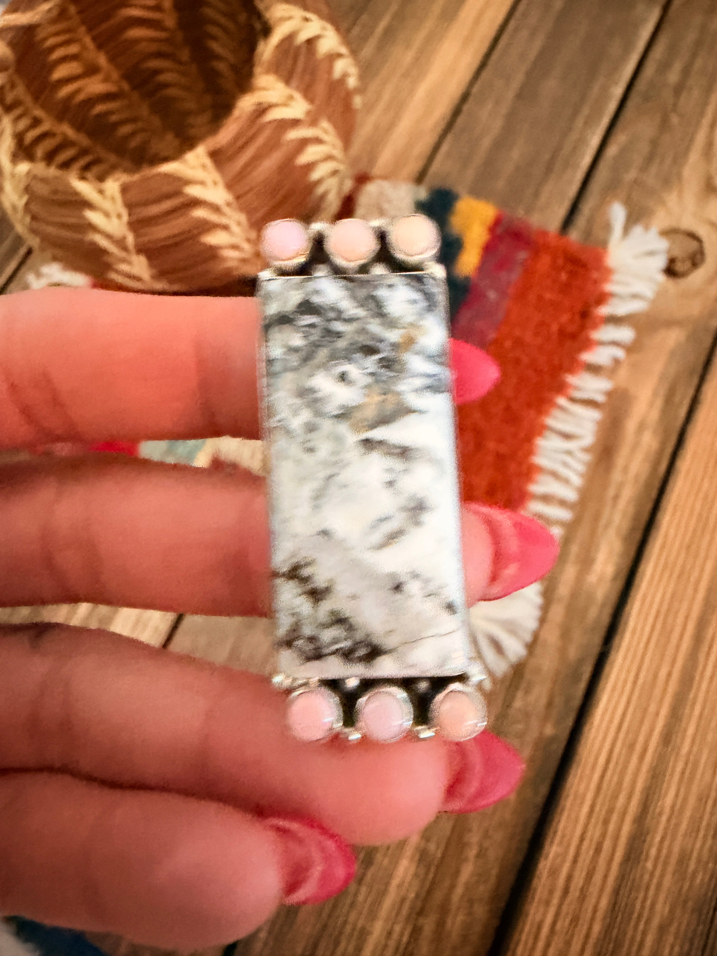 Handcrafted White Buffalo & Queen Pink Conch & Sterling Silver Adjustable Ring