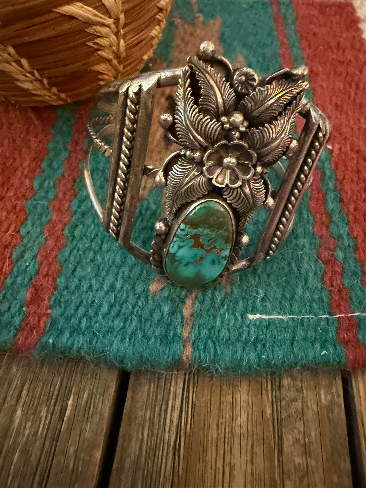 Handcrafted Old Pawn Sterling Silver & Turquoise Flower Cuff Bracelet