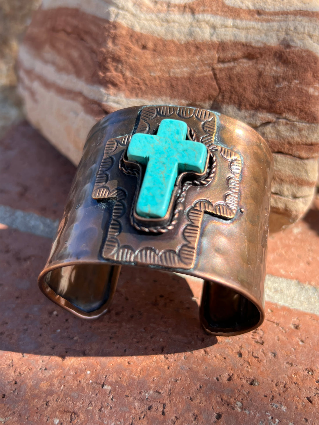 Engraved Copper Cuff Bracelet with Blue Cross