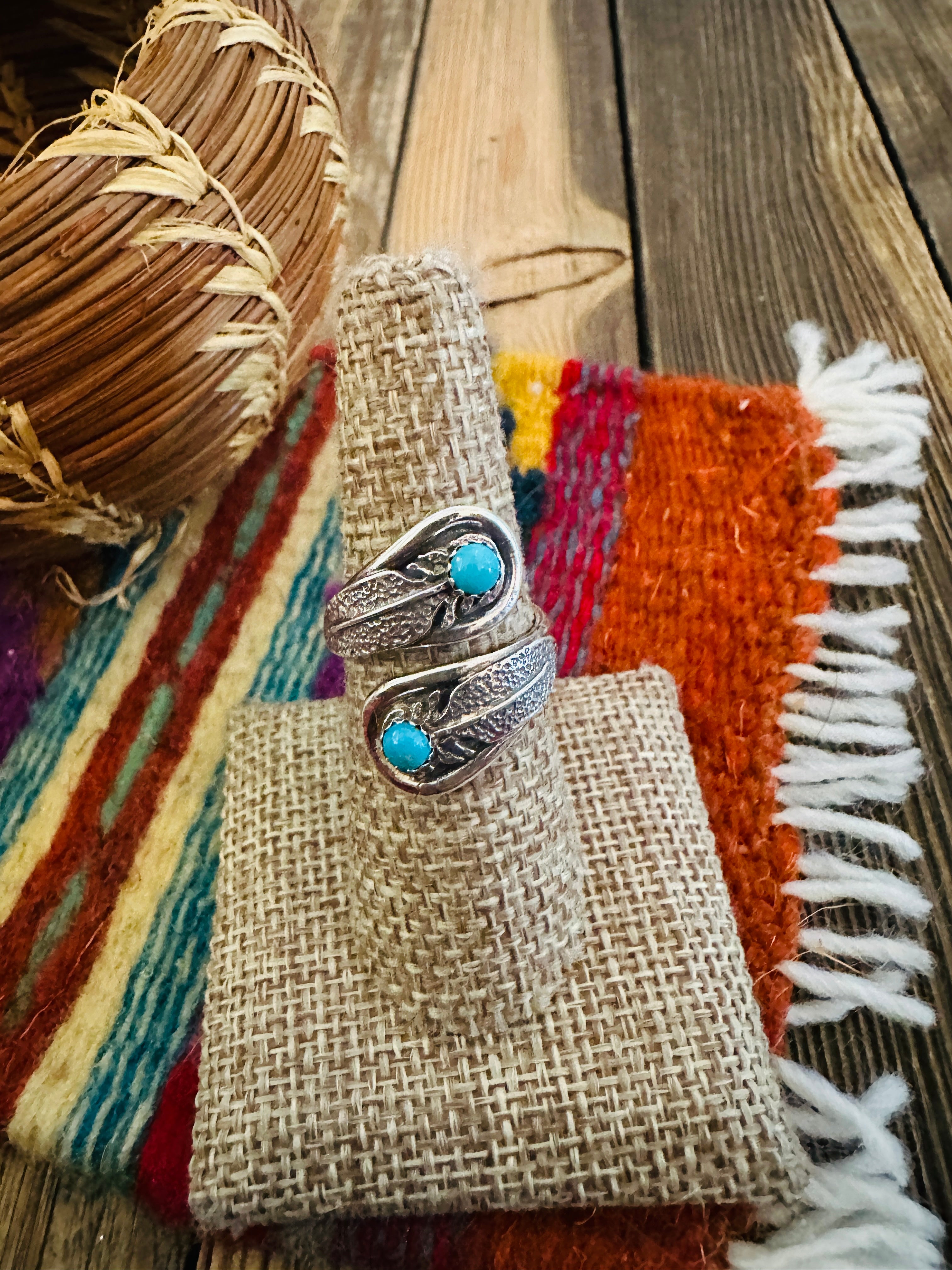 Handcrafted Turquoise & Sterling Silver Adjustable Feather Ring