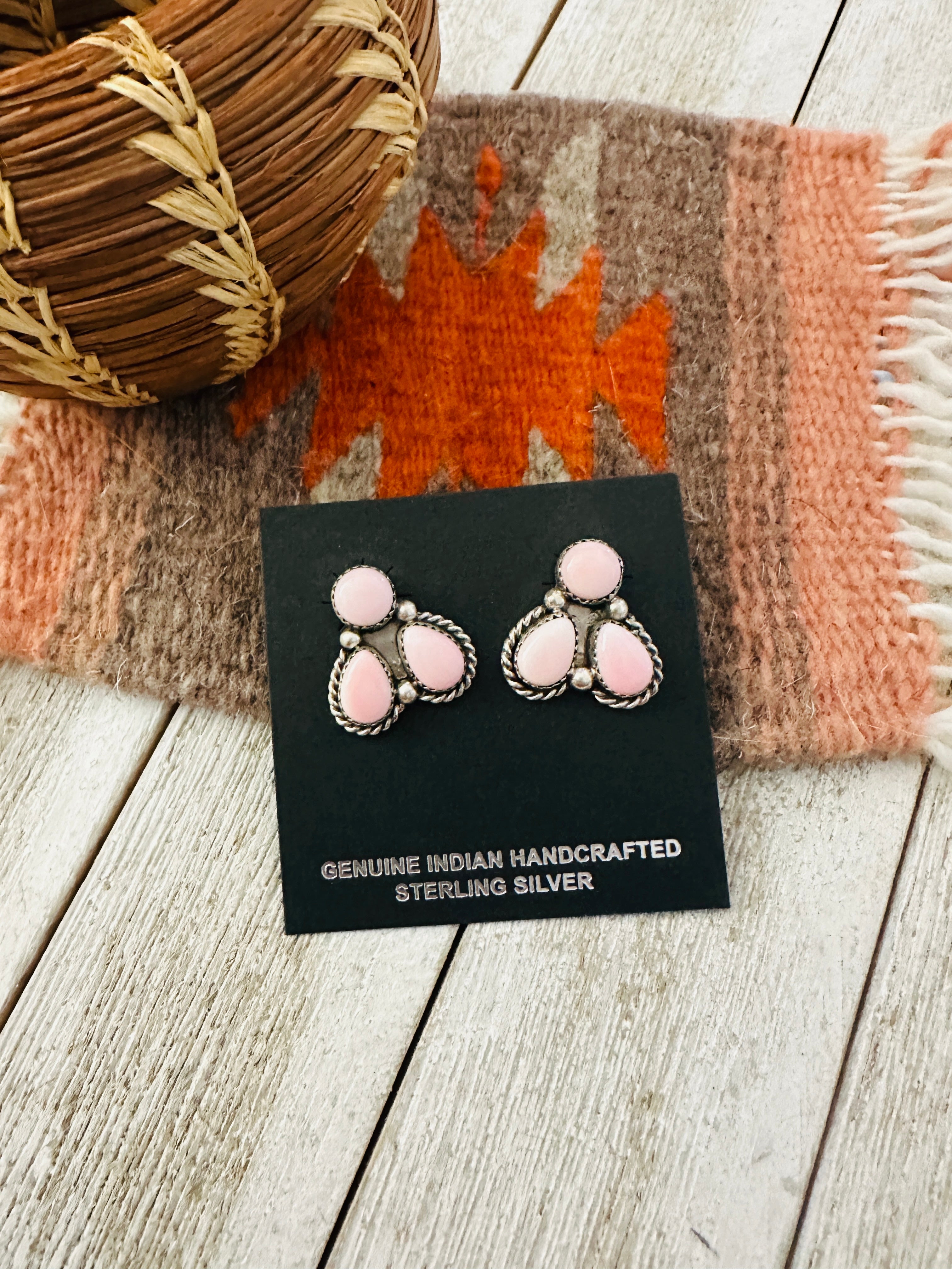 Navajo Sterling Silver & Queen Pink Conch Cluster Post Earrings