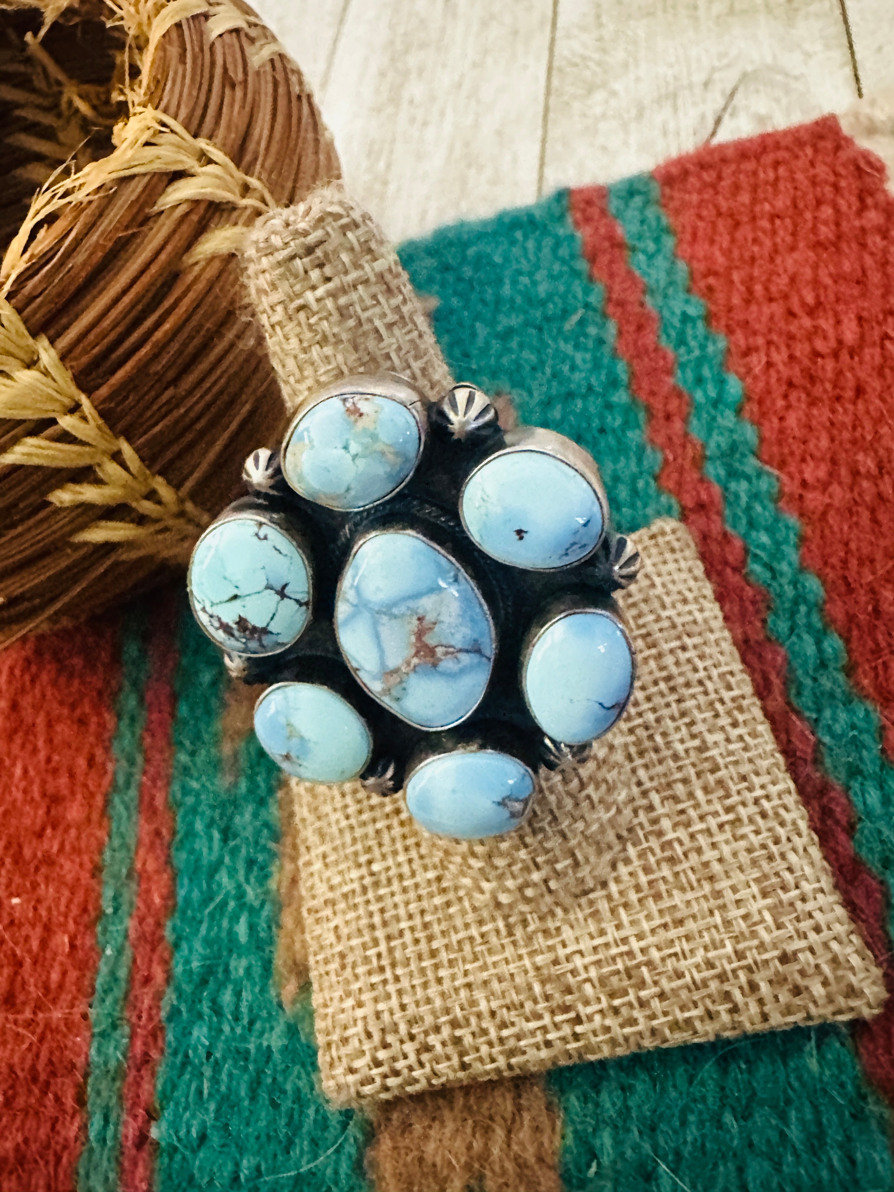 Handcrafted Golden Hills Turquoise & Sterling Silver Ring Size 7.5 by Paul Livingston