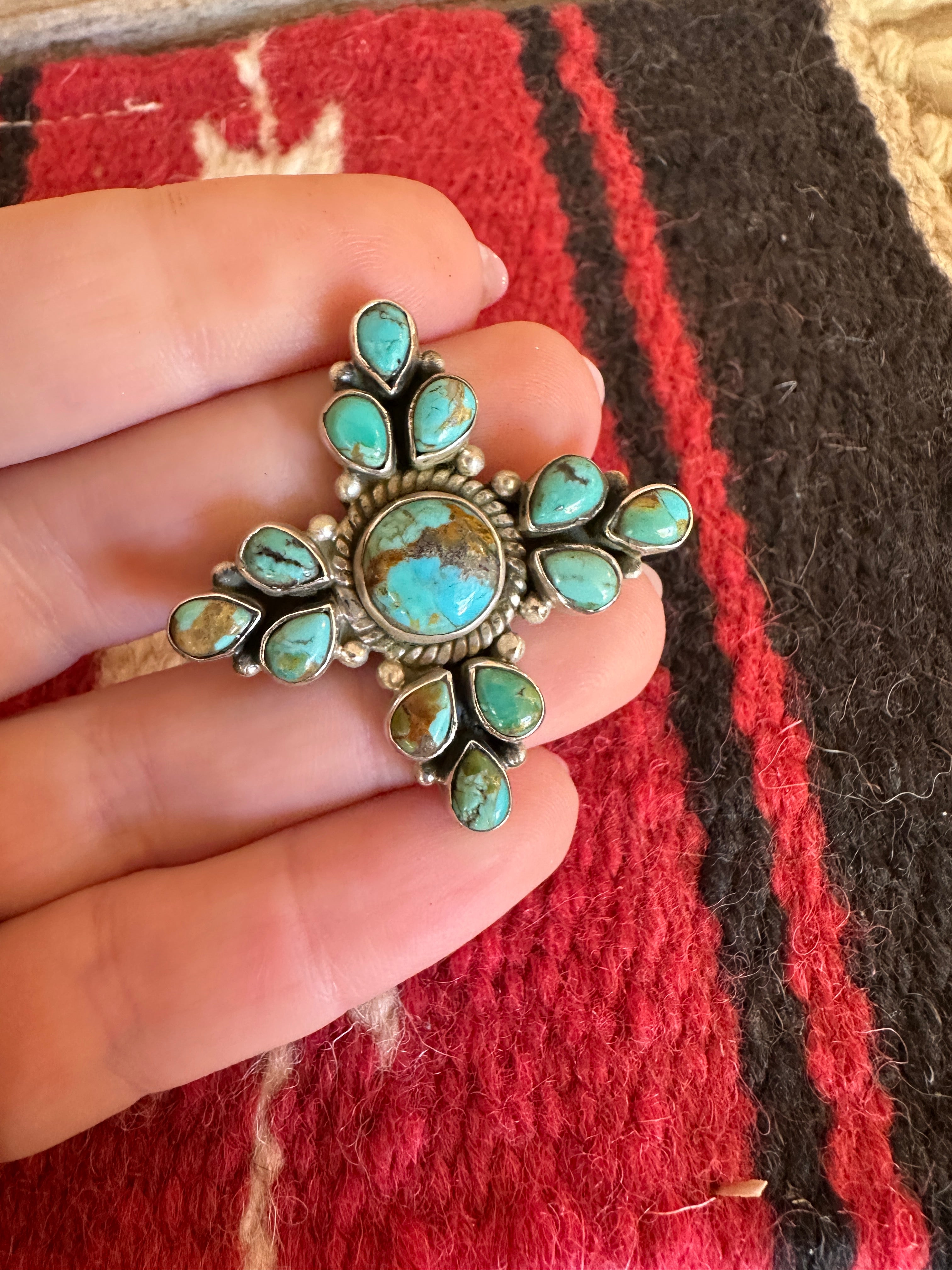 Beautiful Handmade Turquoise And Sterling Silver Adjustable CROSS Ring