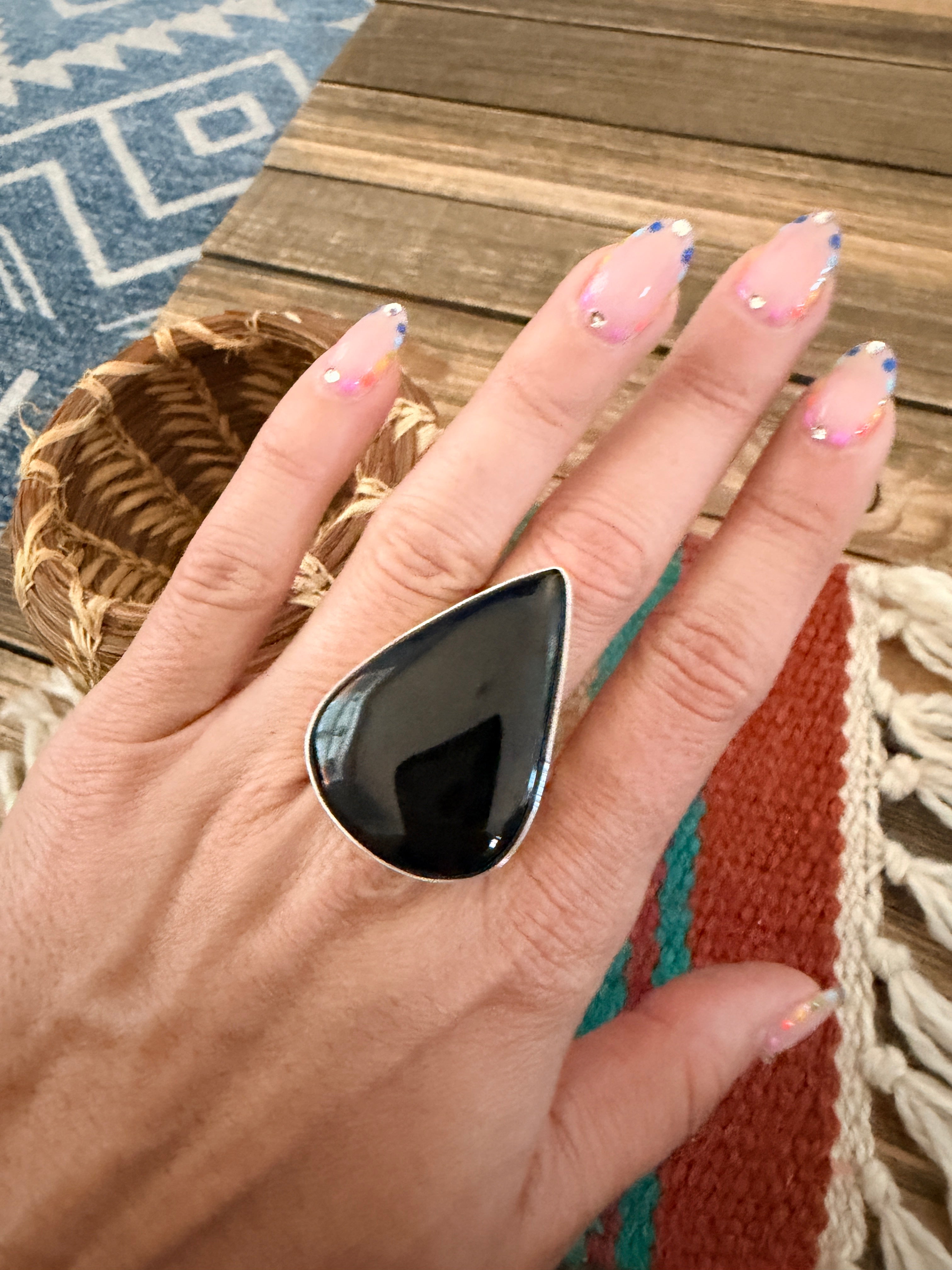 Handcrafted Black Onyx & Sterling Silver Ring Size 7