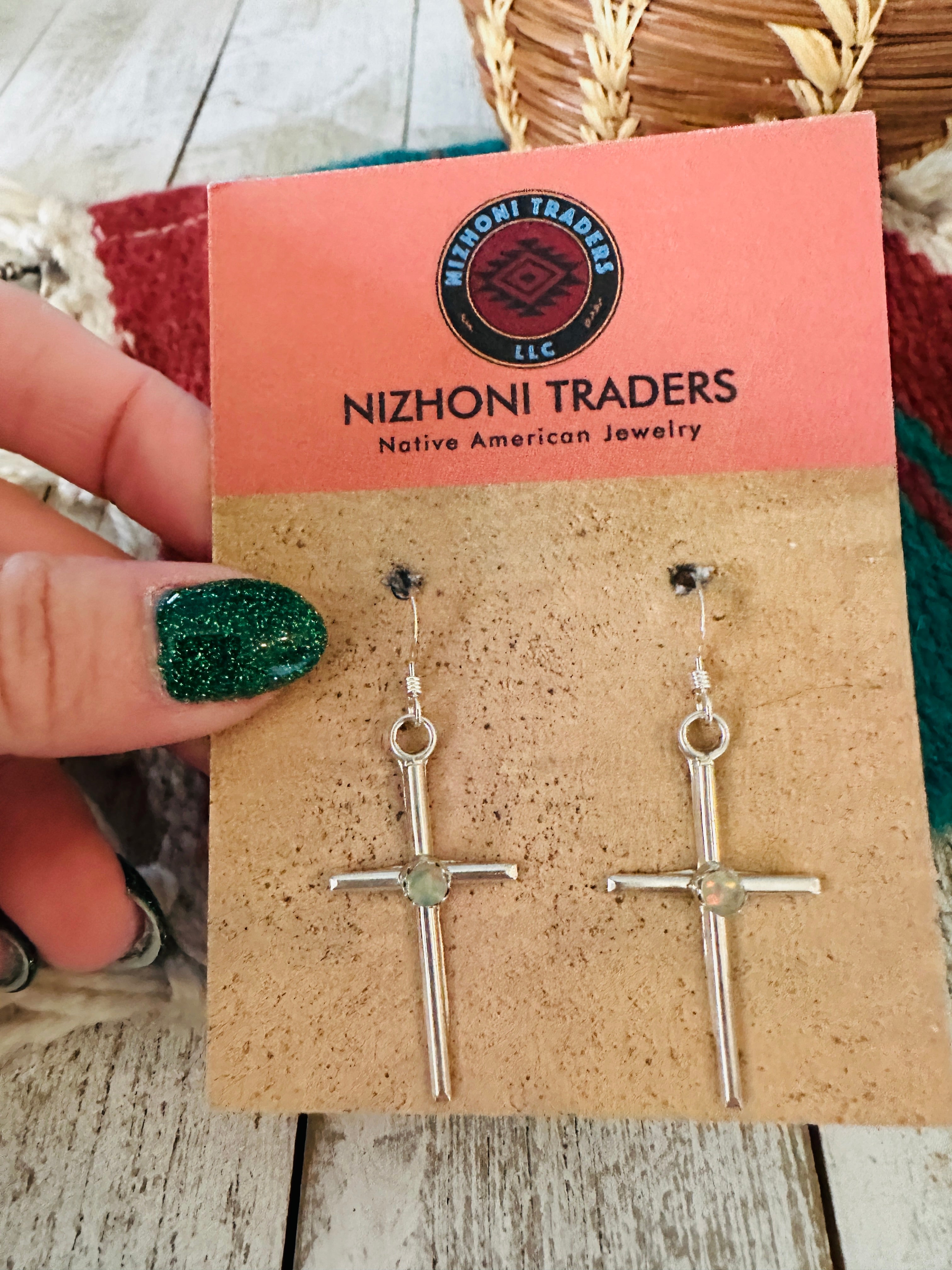 Navajo Sterling Silver & White Opal Cross Dangle Earrings