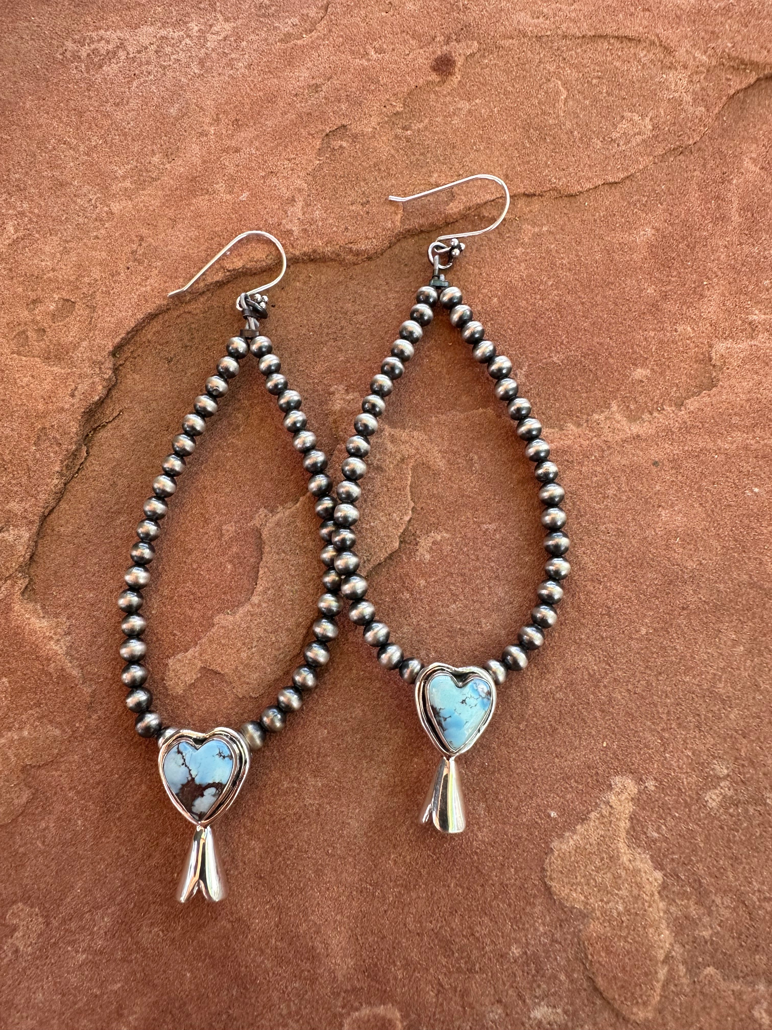 Handmade Golden Hills Turquoise And Sterling Silver Beaded Heart Dangle Earrings