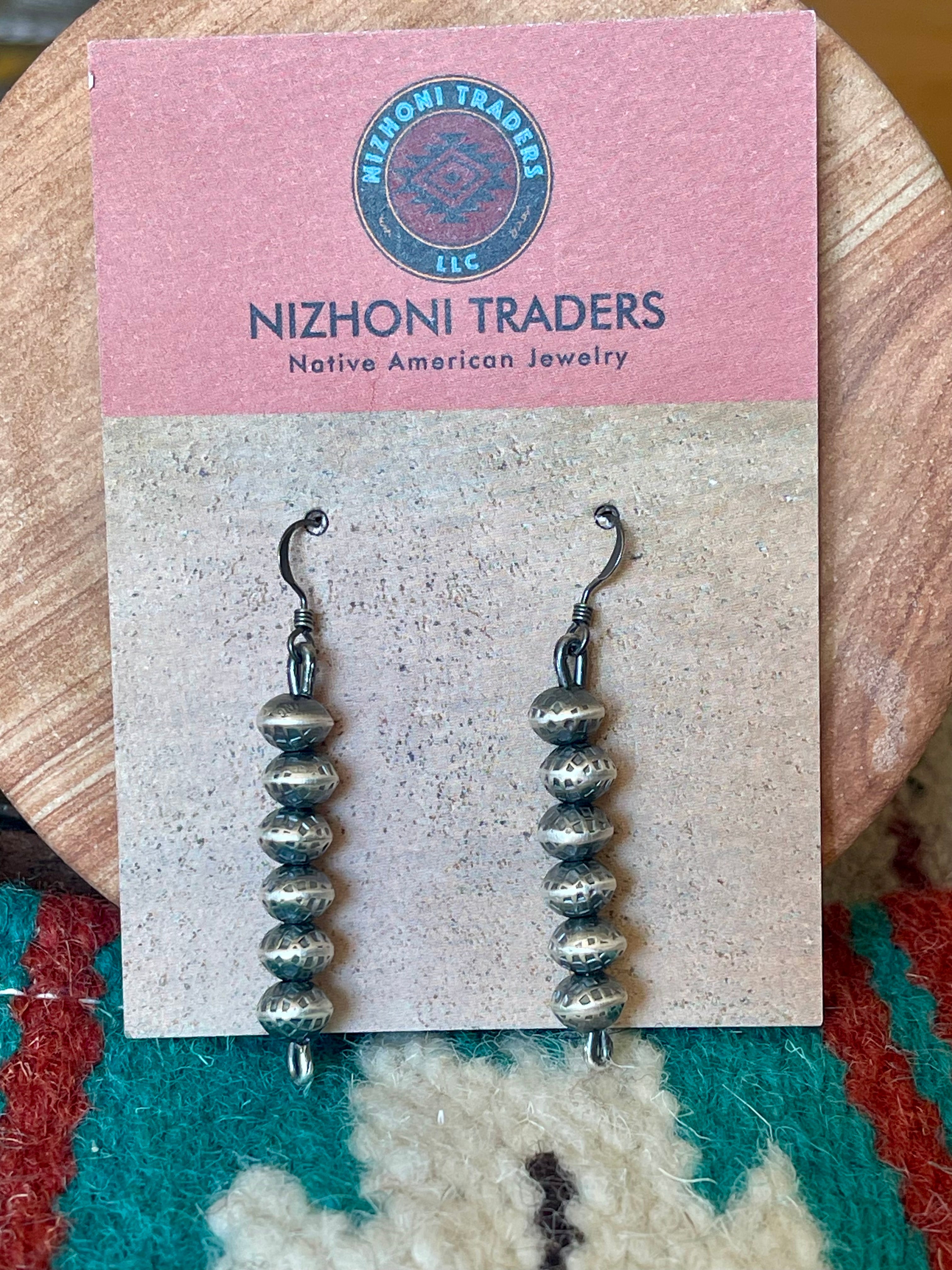 Vinita Cowboy Navajo Handmade Sterling Silver Melon Saucer Handstapmed Beaded  Dangle Earrings 6mm