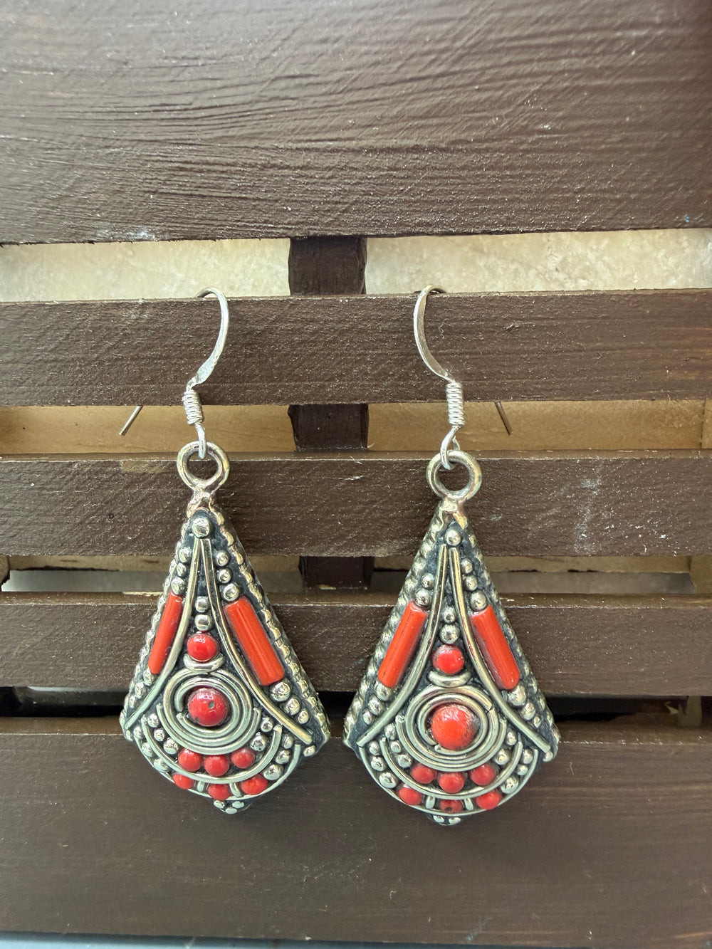 Red Coral & Silver Tribal Drop Earrings – Boho Statement Dangles