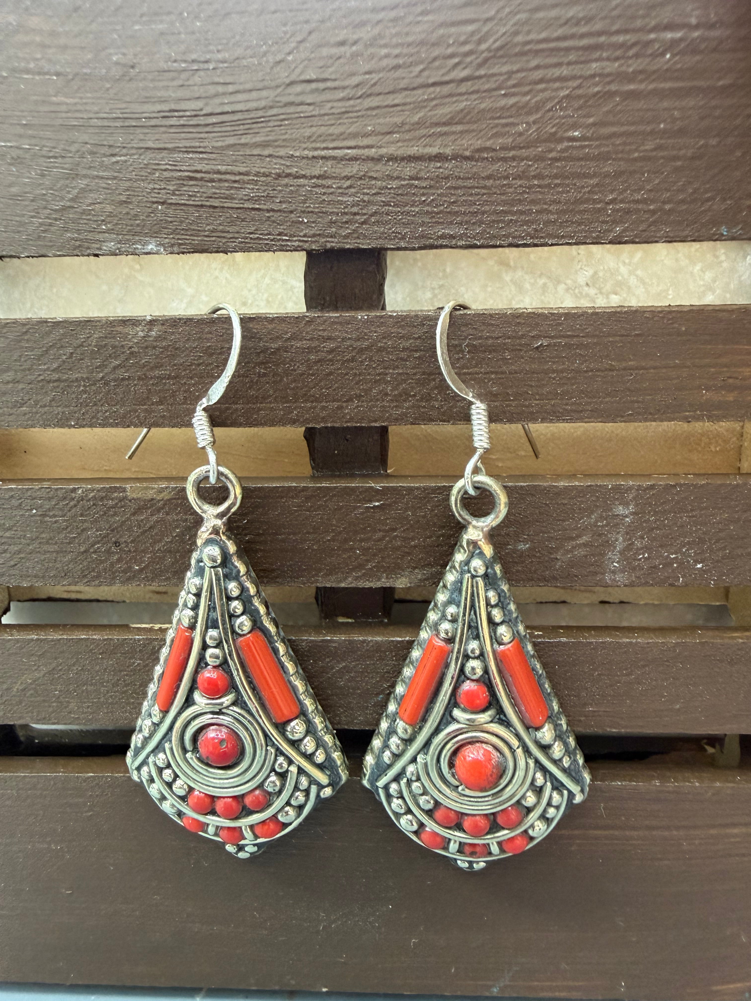 Red Coral & Silver Tribal Drop Earrings – Boho Statement Dangles