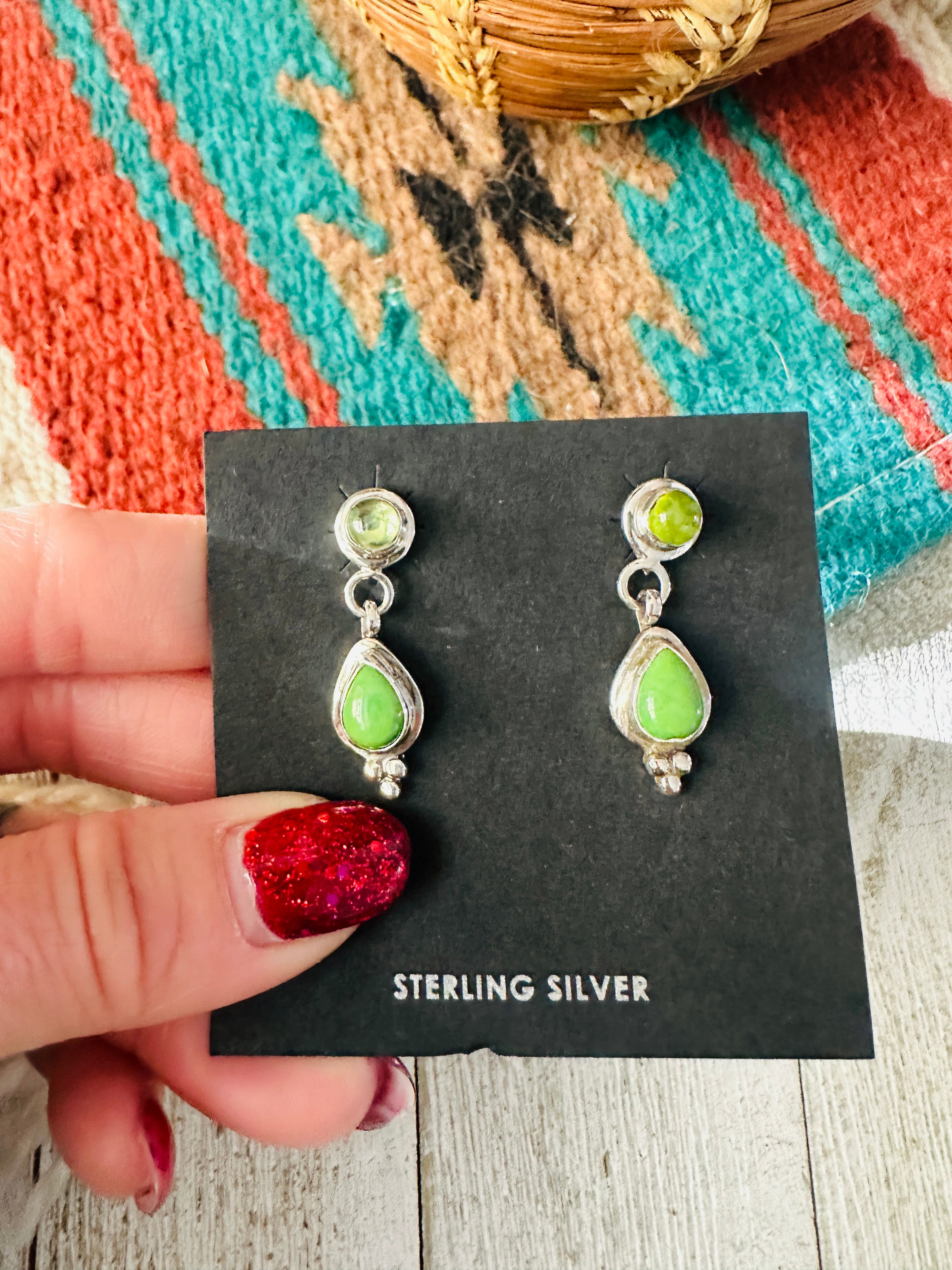 Navajo Gaspeite, Garner & Sterling Silver Dangle Earrings