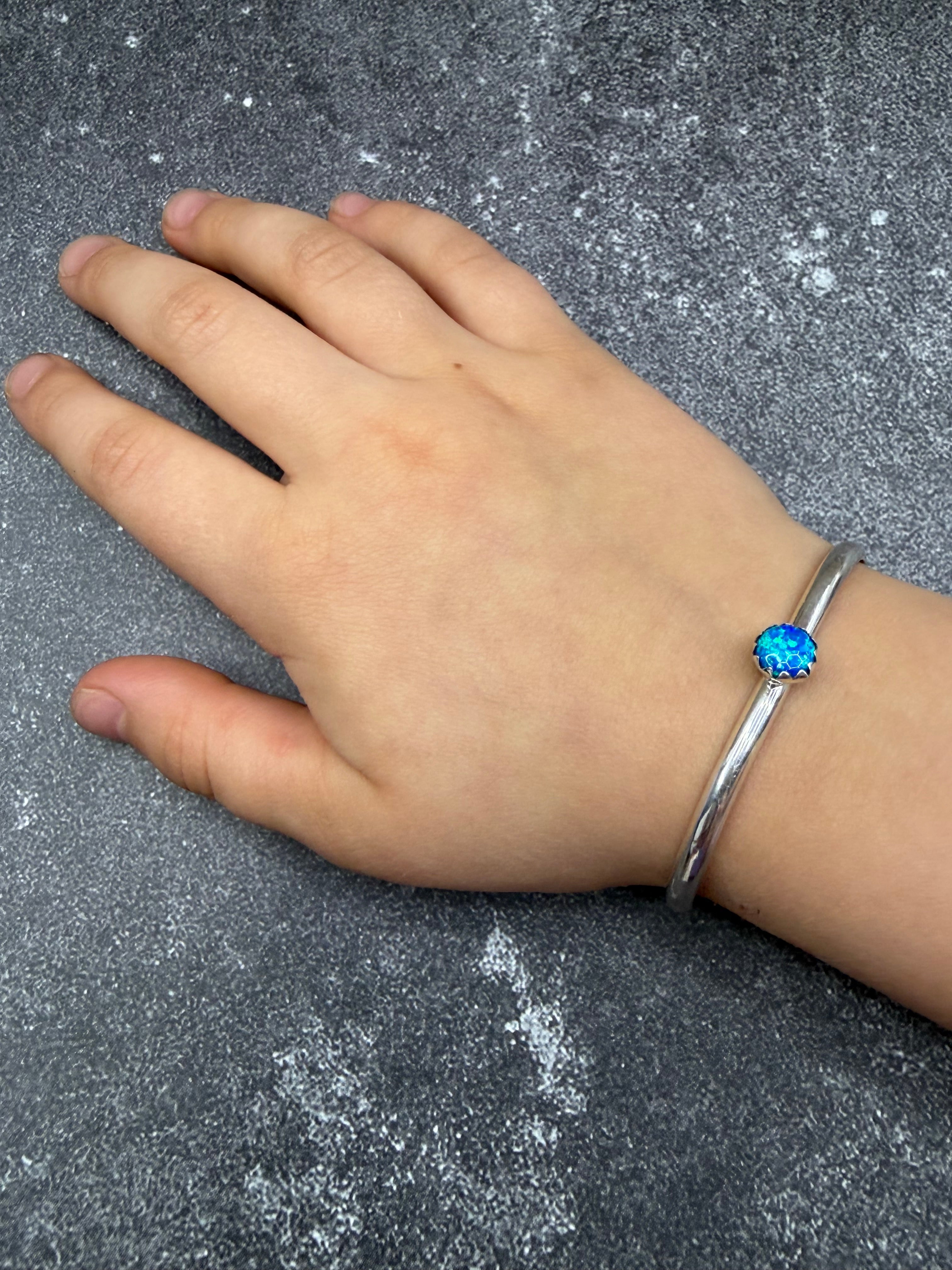 Handcrafted Sterling Silver Fiery Blue Opal Kid's Cuff Bracelet