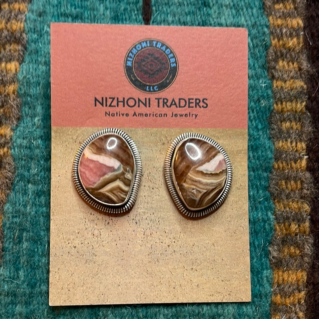 Navajo Sterling Silver & Rhodochrosite Stone Post Earrings