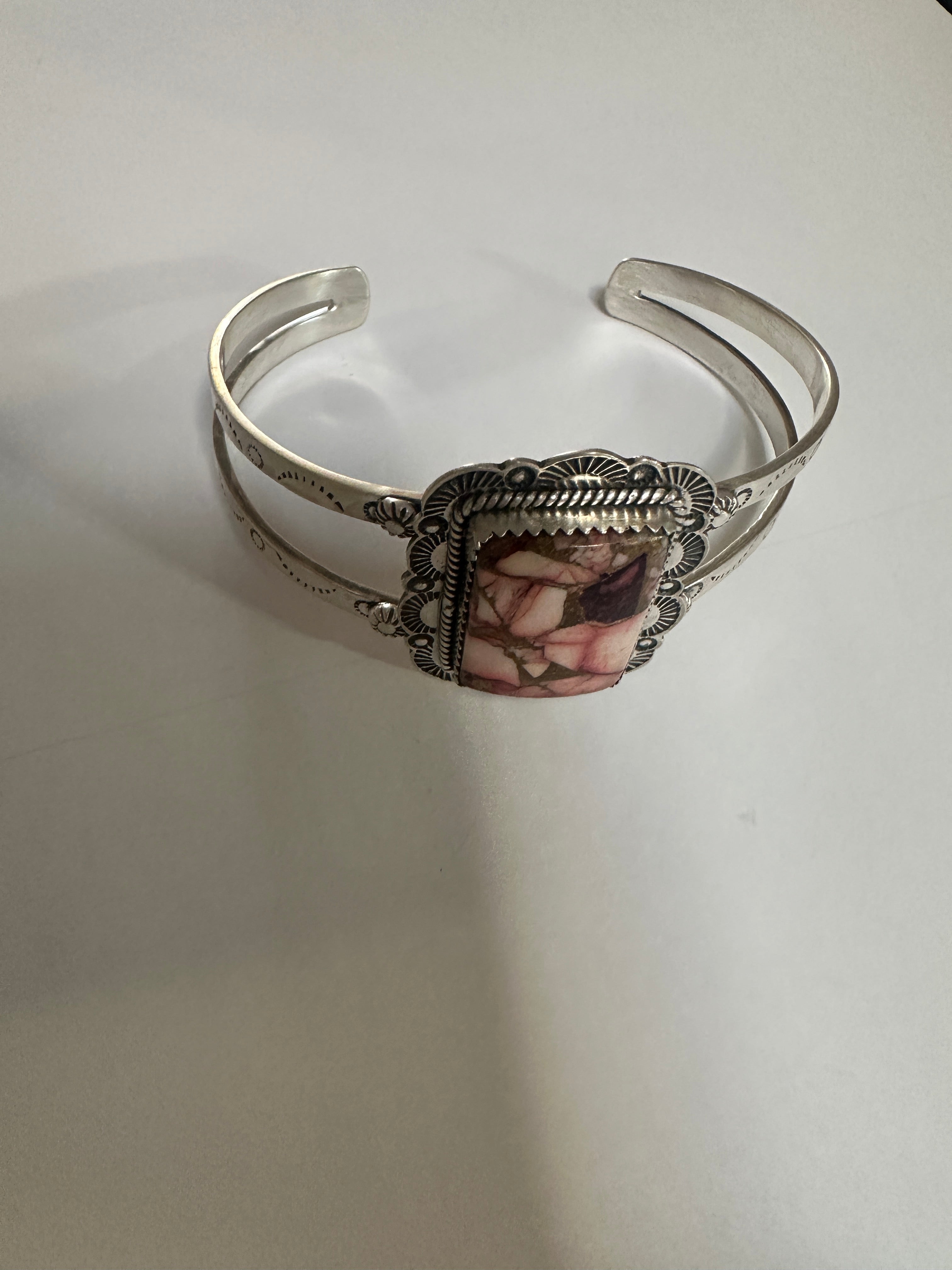 Handmade Sterling Silver & Dahlia Rose Rectangle Cuff Bracelet