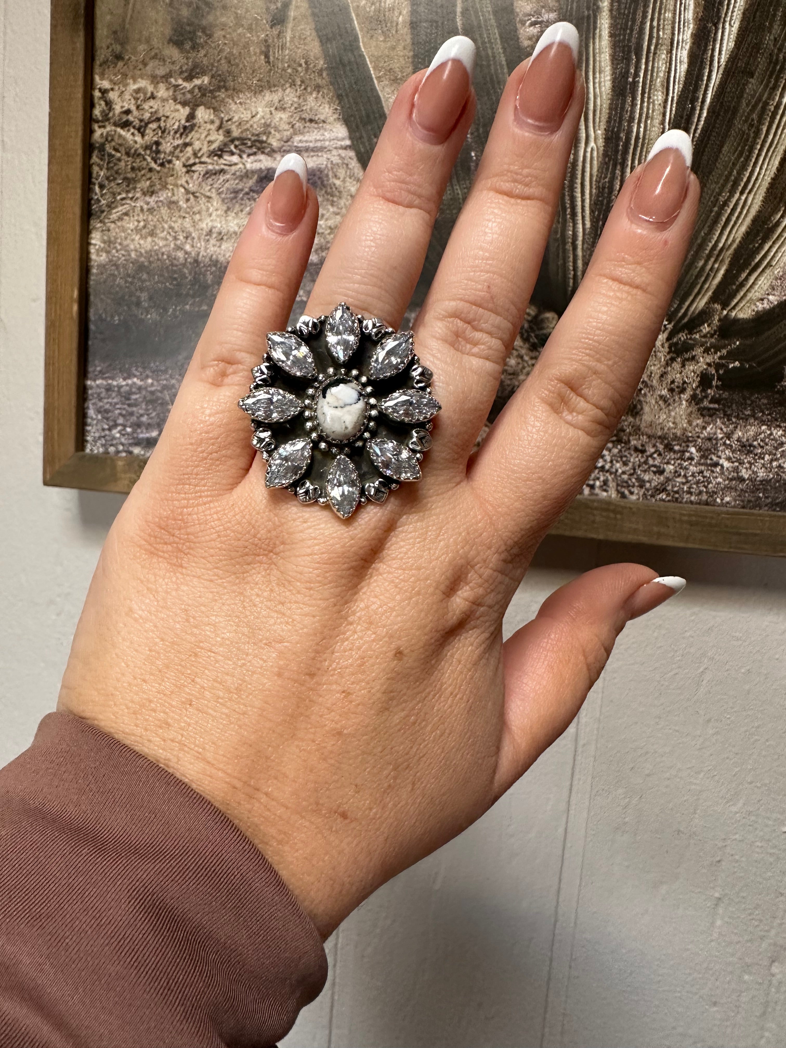 Beautiful Handmade White Buffalo, CZ And Sterling Silver Adjustable Ring