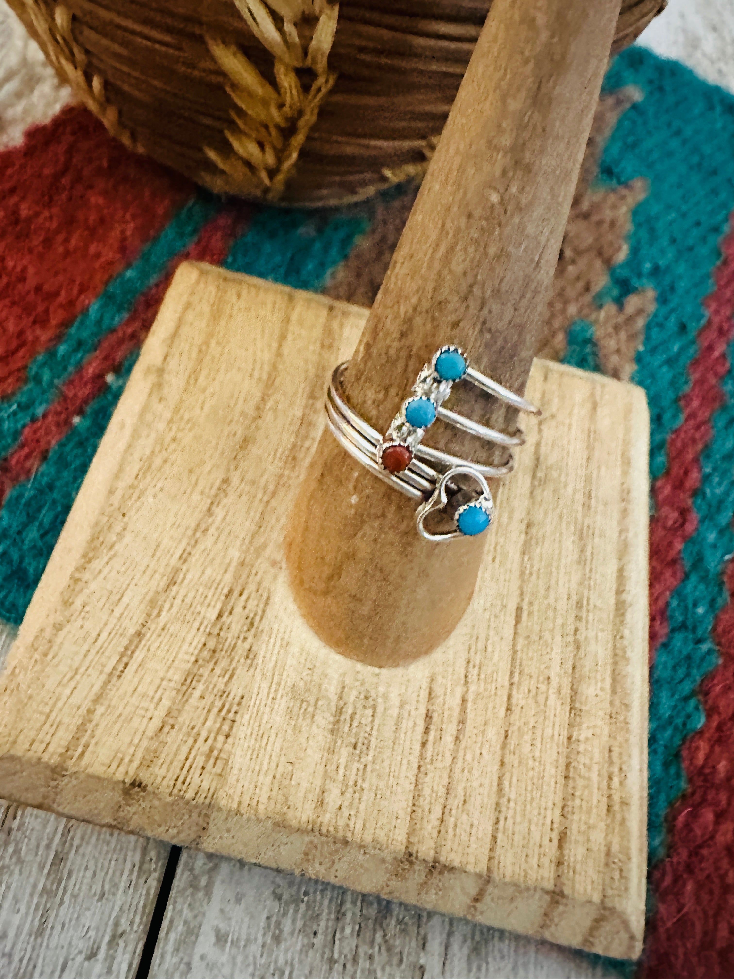 Zuni Turquoise, Coral & Sterling Silver Heart Adjustable Ring