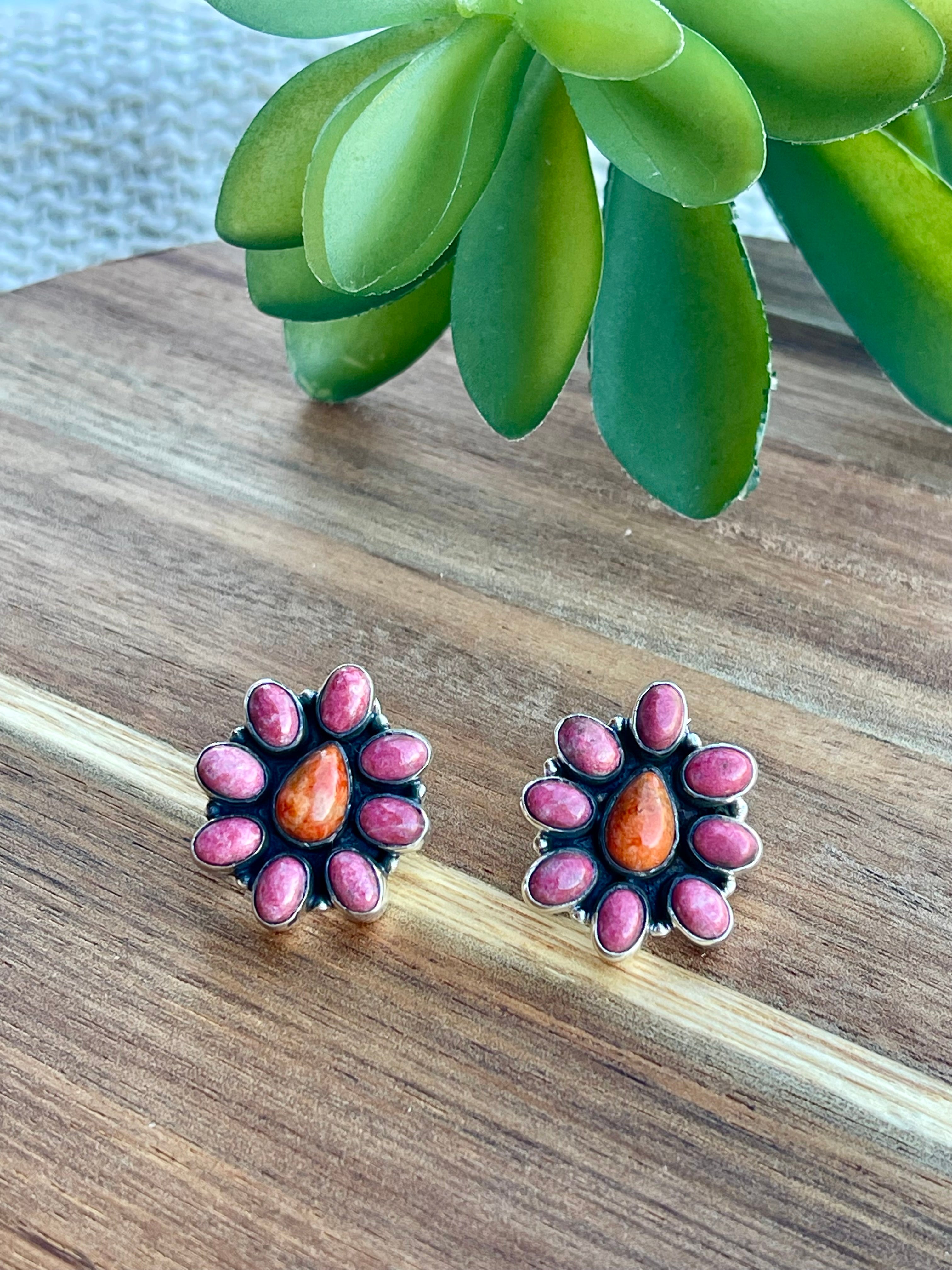 Handmade Orange Mojave, Rhodonite and Sterling Silver Post Earrings Signed Nizhoni